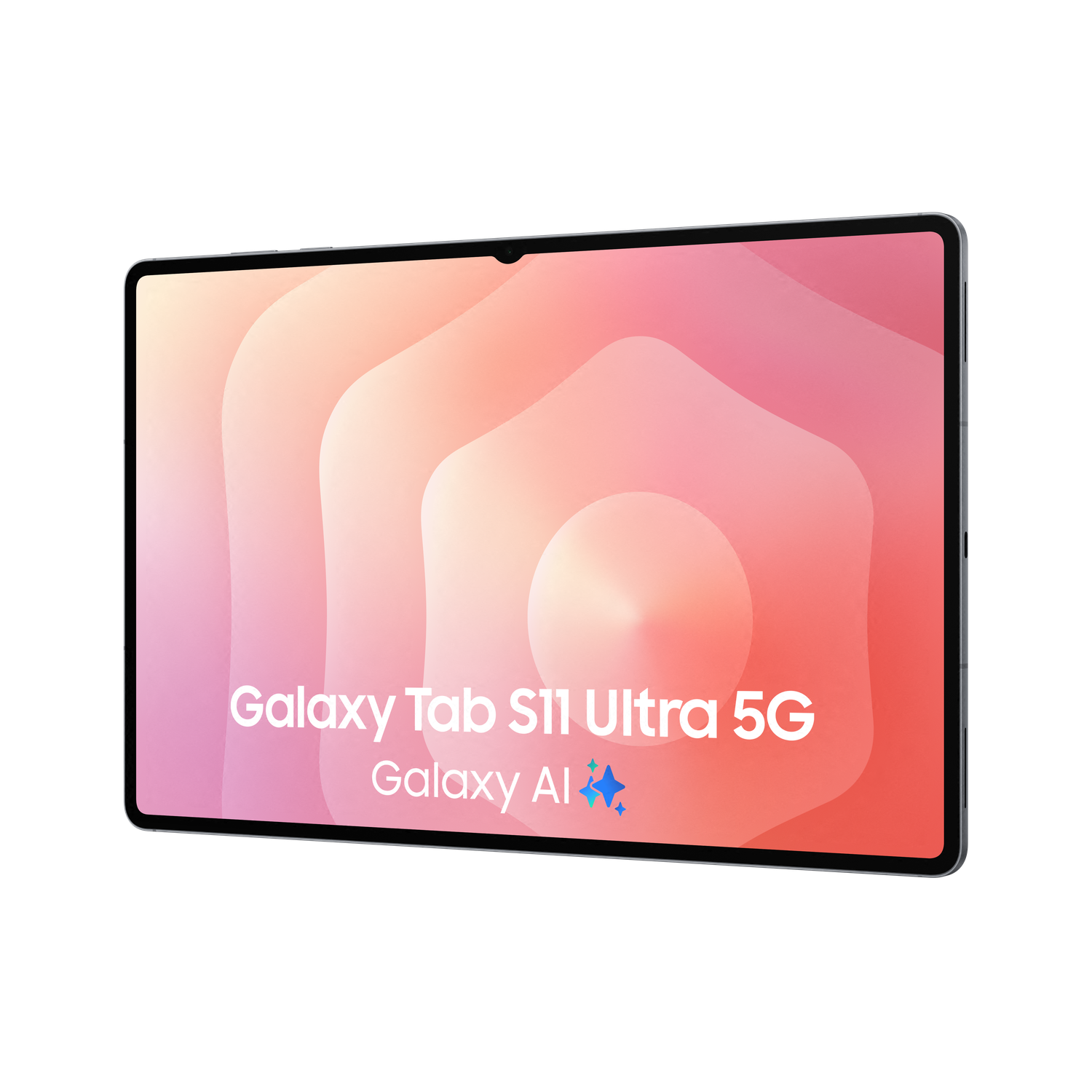Une tablette en angle, cadre noir, écran avec un design abstrait rose et orange. Texte: 'Galaxy Tab S11 Ultra 5G' et 'Galaxy AI'.