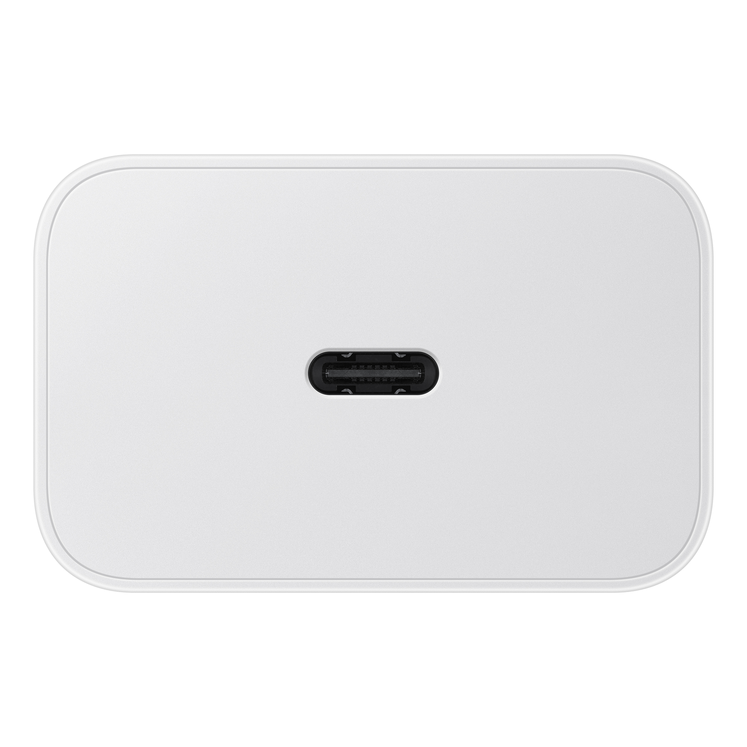 A white rectangular charger with rounded edges. A USB-C port is centered at the bottom. 