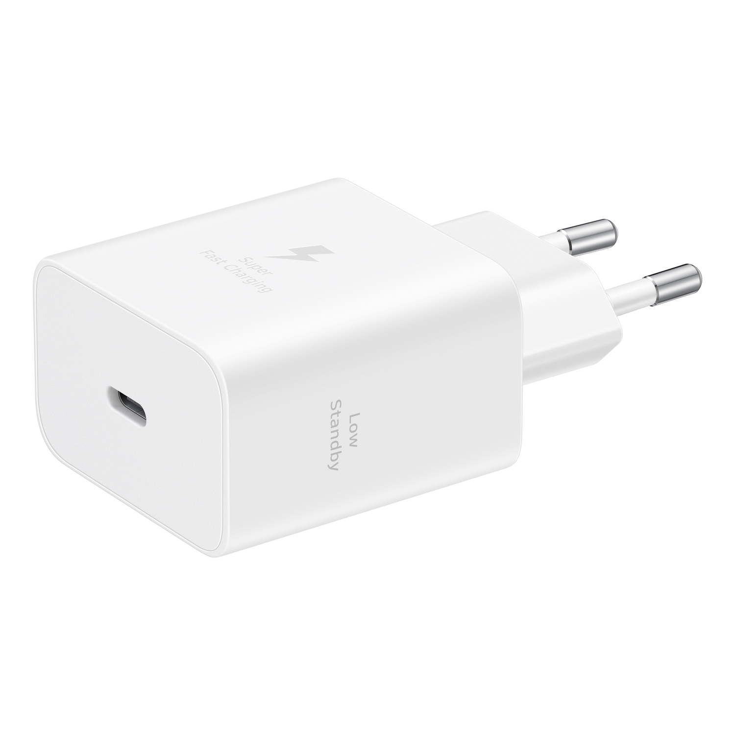 White Samsung charger with plug and USB-C port. It has 'Super Fast Charging' and 'Low Standby' printed on it.
