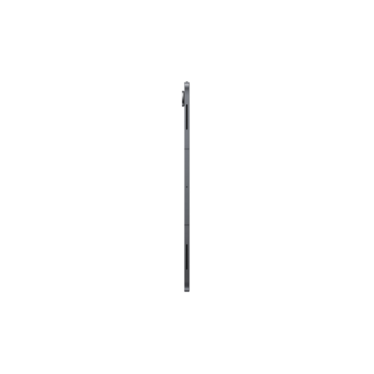 Une tablette est vue de profil sur fond noir. Elle a un cadre gris et une caméra sur le bord supérieur.