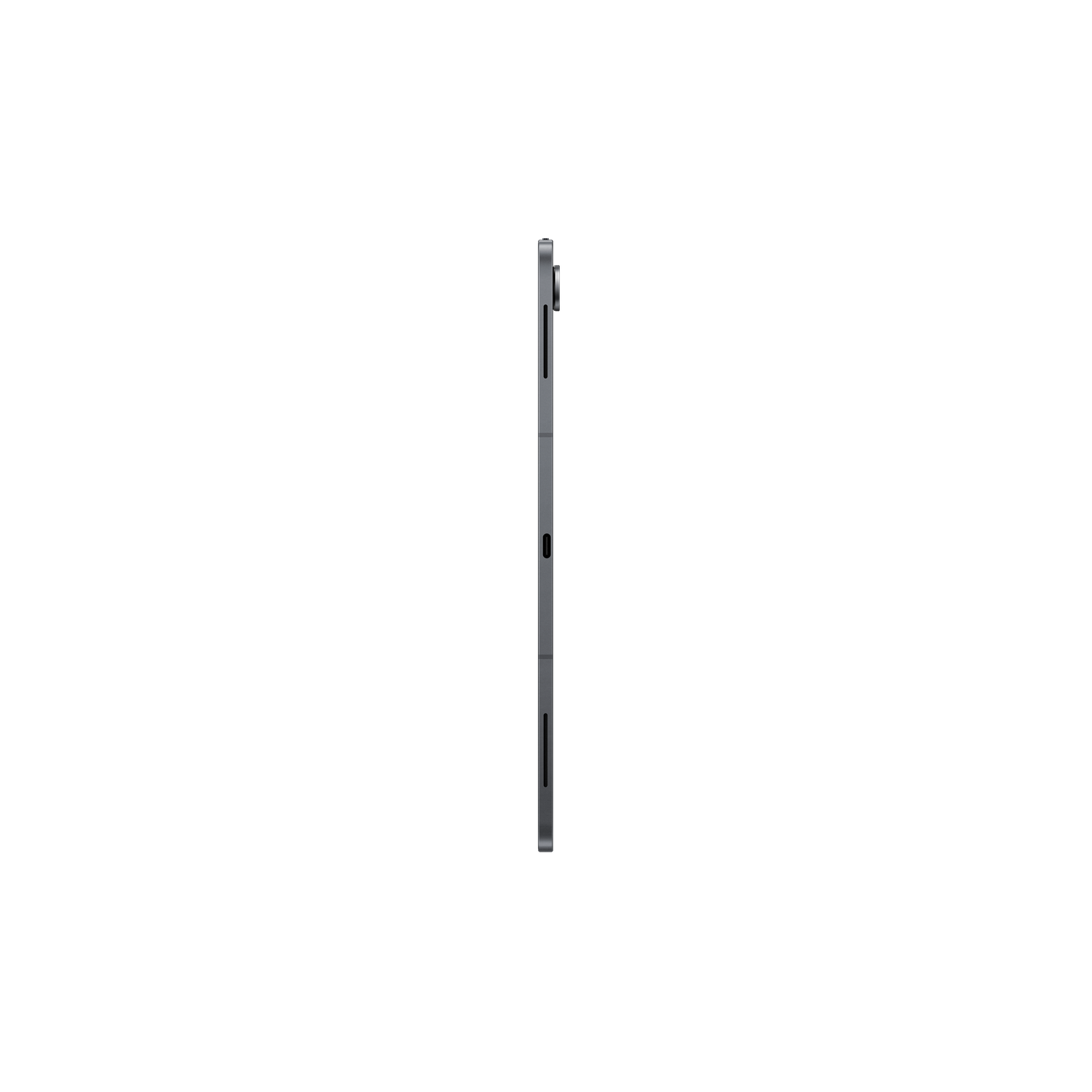 Vue latérale d'une tablette grise. La tablette est positionnée verticalement sur un fond noir, montrant son profil fin.