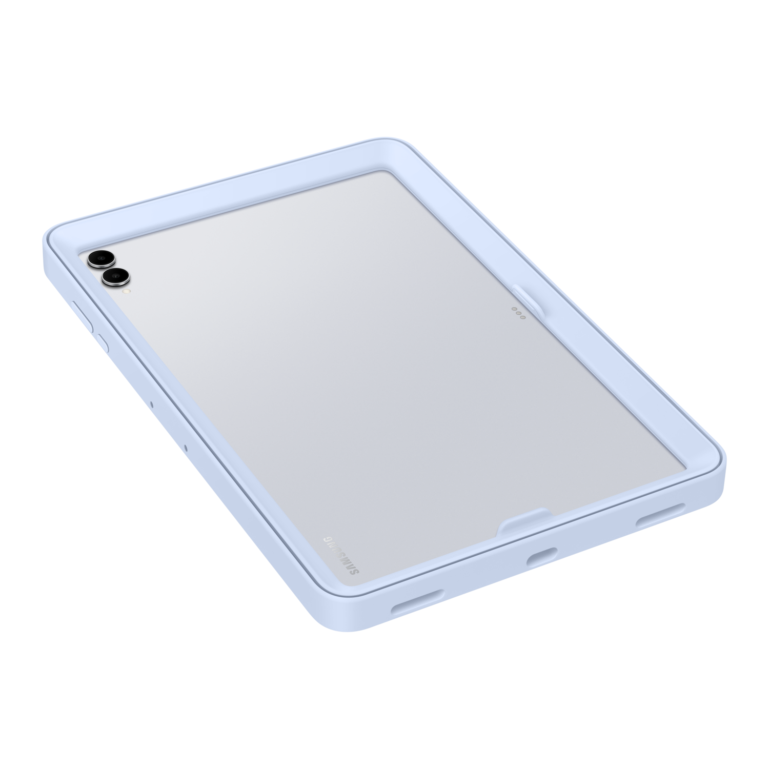 A tablet in a light blue case, angled slightly. The tablet has a silver screen. The case has openings and buttons. Black background.