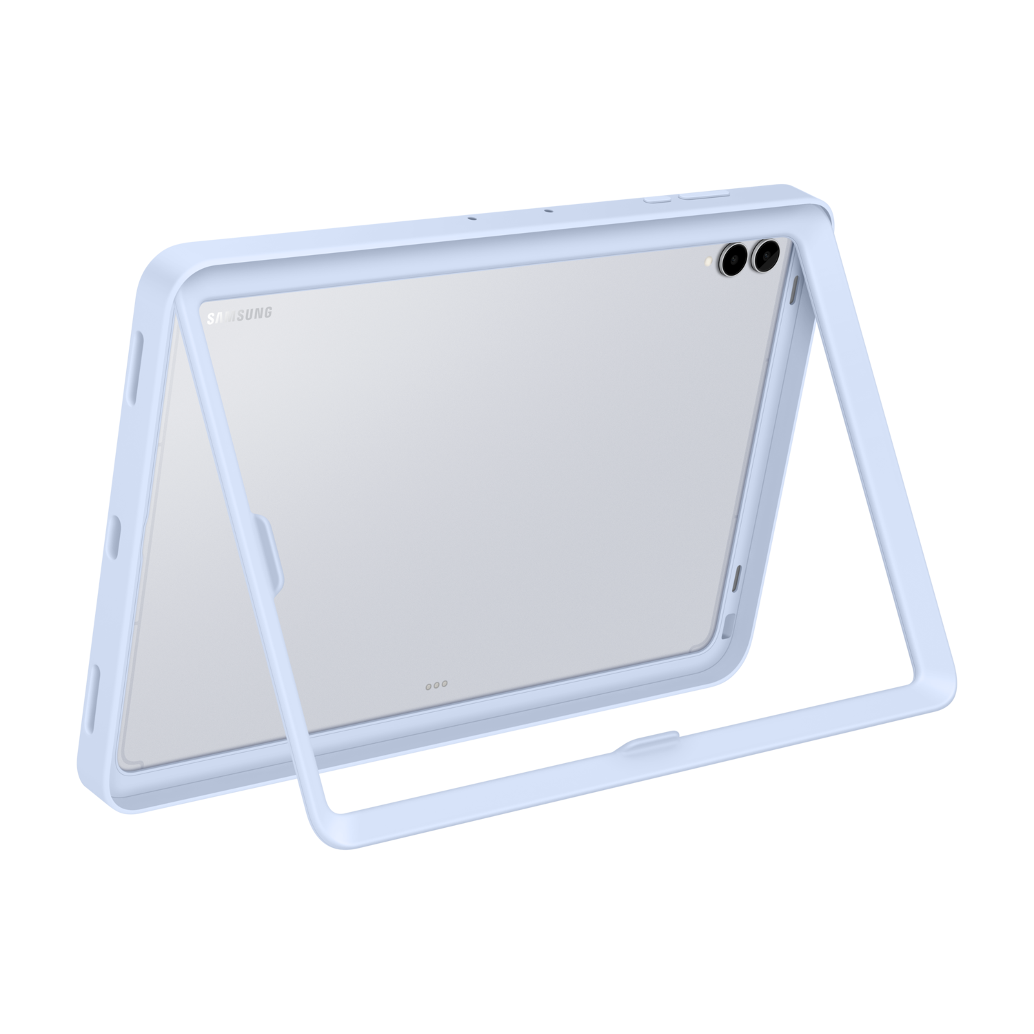 A light blue tablet case, partially open, revealing a tablet. The Samsung logo is visible. The background is black.