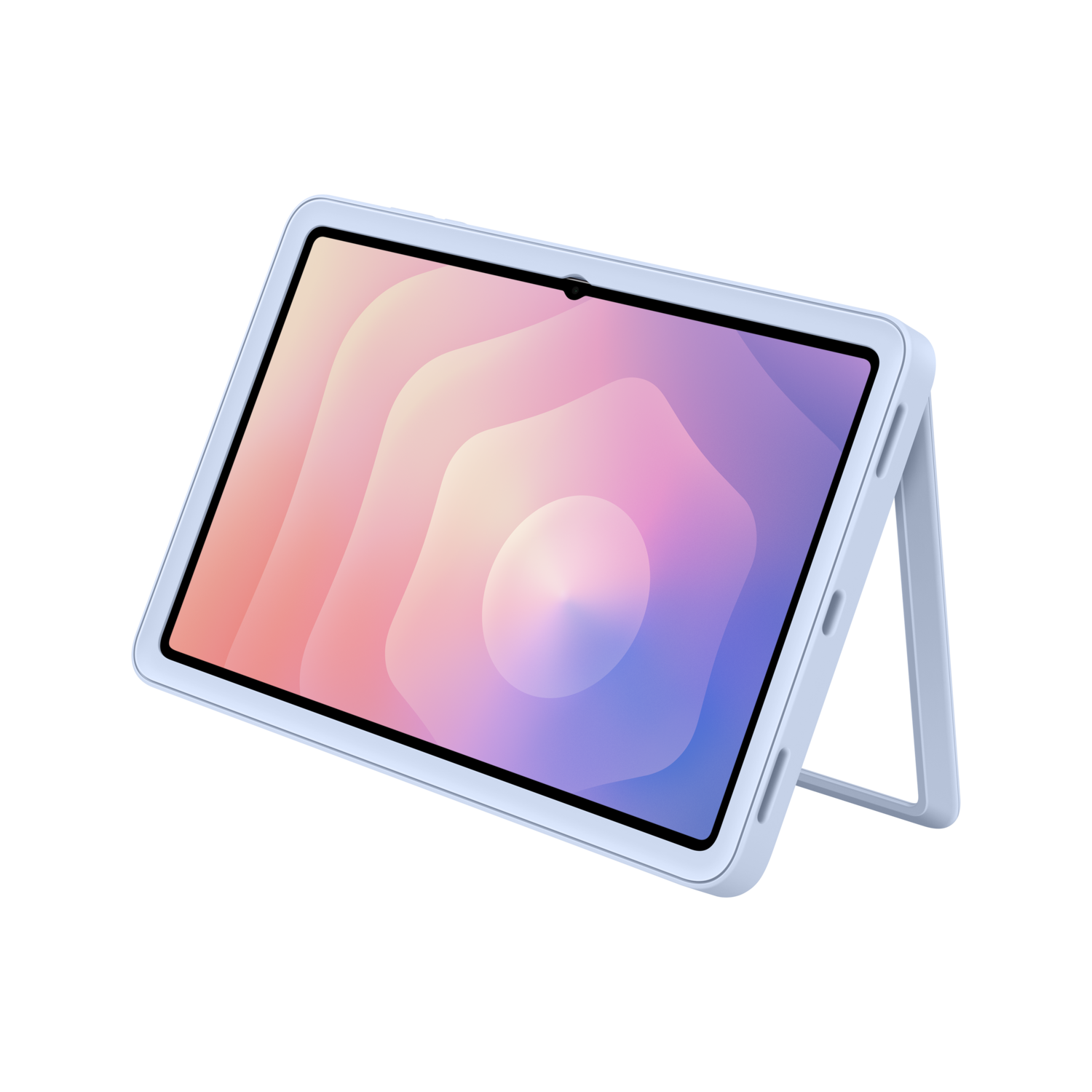 A light blue tablet with a gradient screen, propped up by a stand. The background is black.