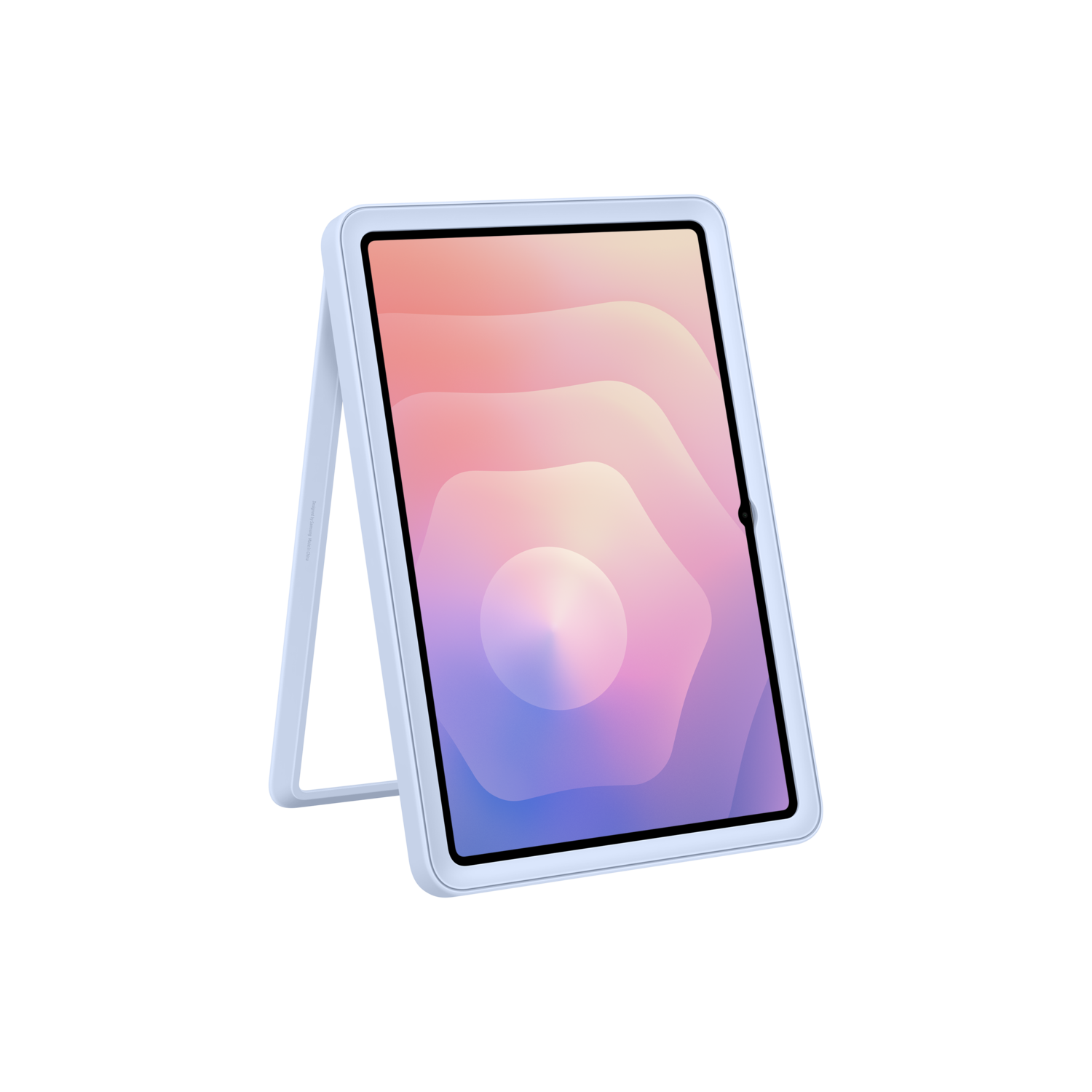 A tablet in a light blue case is propped up. The screen displays a layered gradient of pink, orange, and purple on a black background.