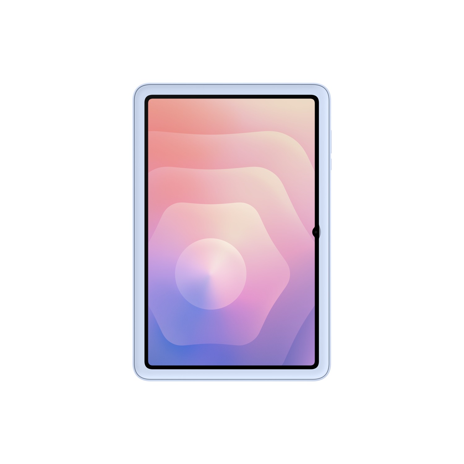 A tablet with a light blue frame on a black background. The screen displays a gradient of pink, yellow, and blue colors.