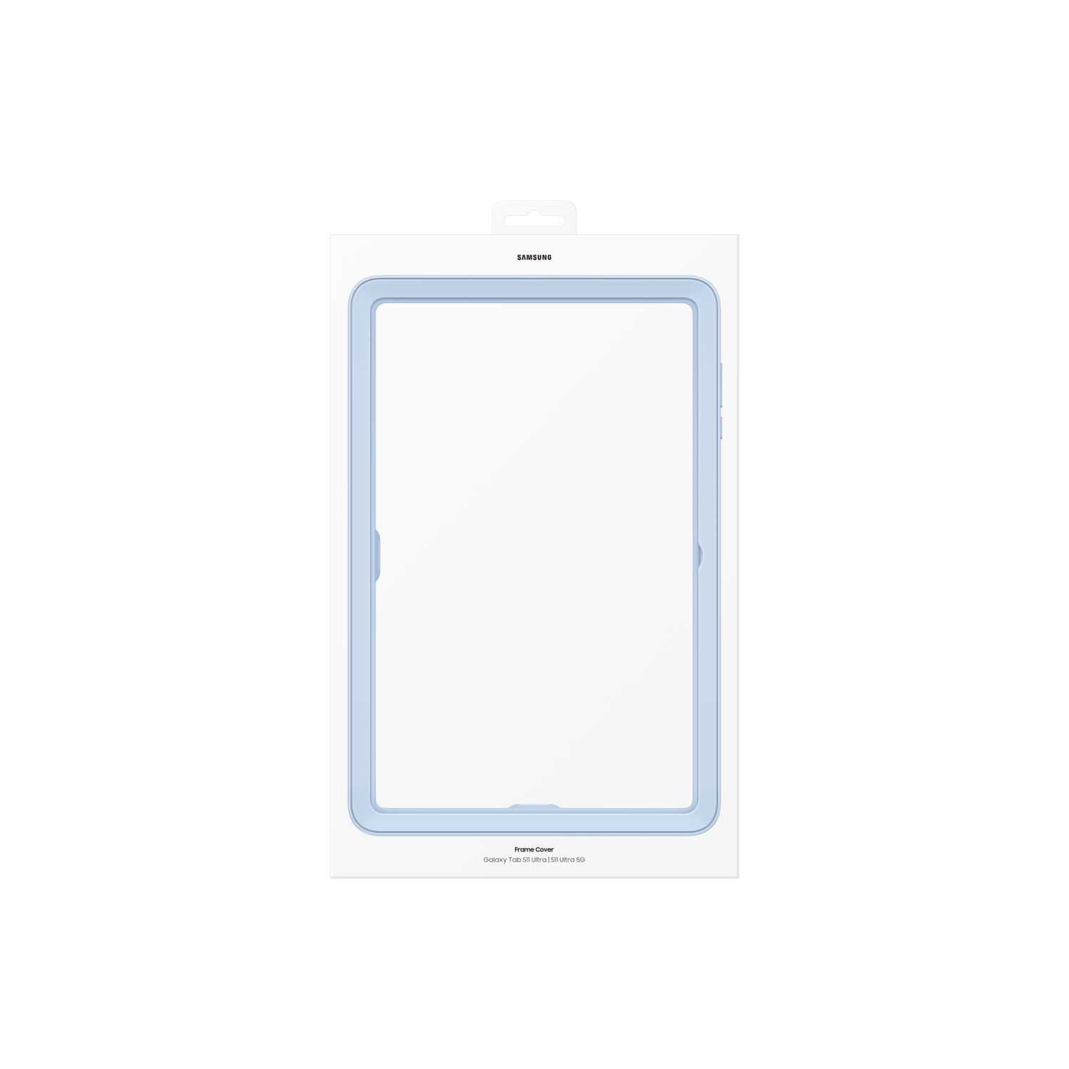 A white box with a light blue tablet frame inside, branded with Samsung logo. Text at the bottom reads 'Frame Cover'.