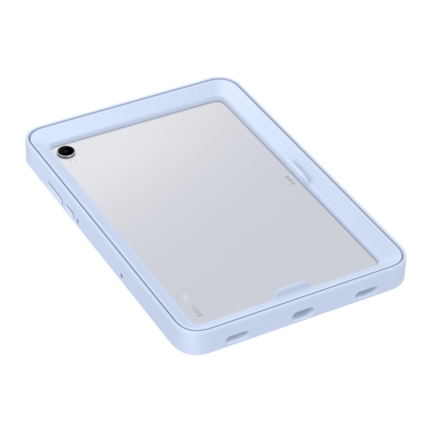 Une tablette bleu clair dans un étui assorti sur fond noir. La tablette a une caméra et le logo Samsung est visible.