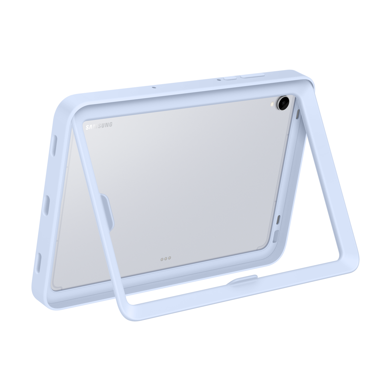 Un étui de tablette bleu clair avec une tablette à l'intérieur. Le logo Samsung est visible. Le fond est noir.
