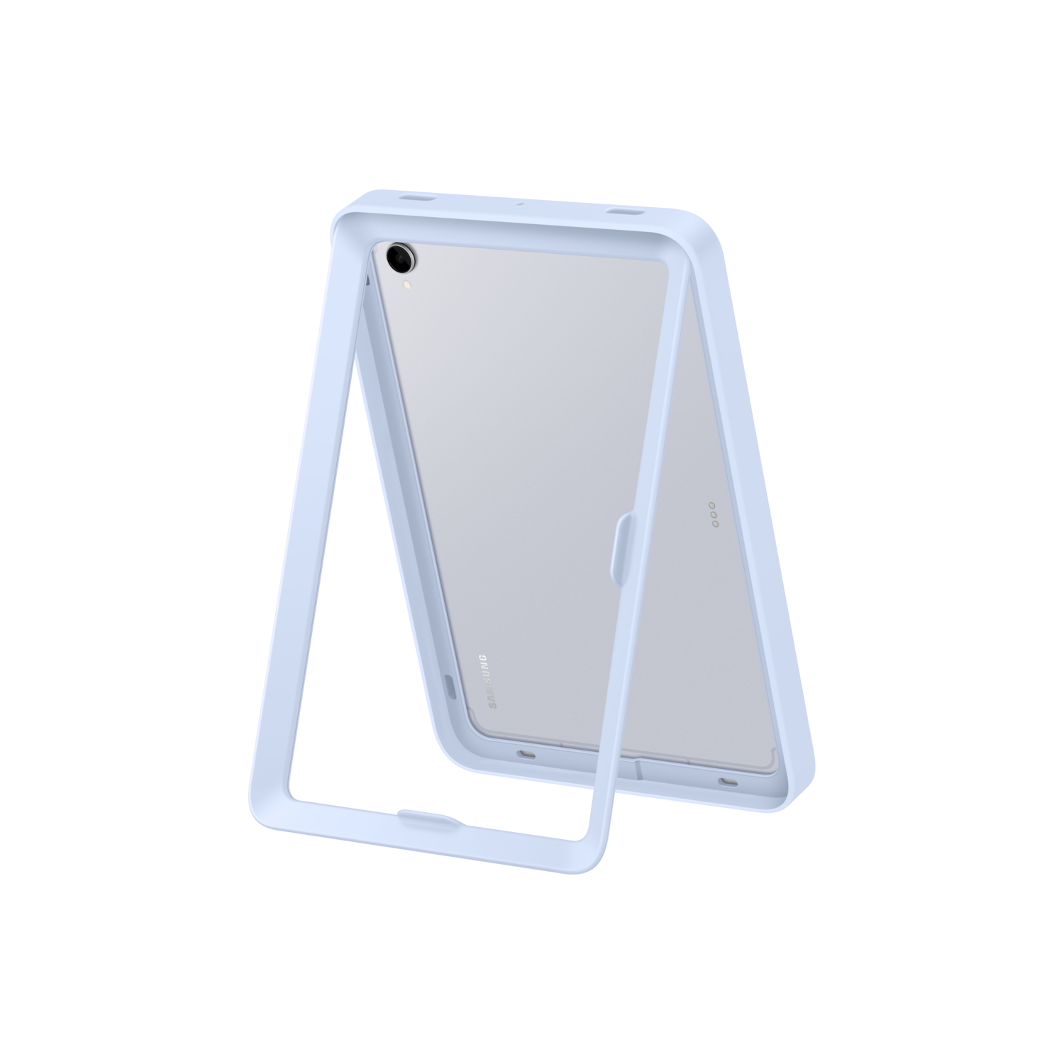 Une tablette avec un étui bleu clair, la tablette est légèrement inclinée. Le fond est noir.