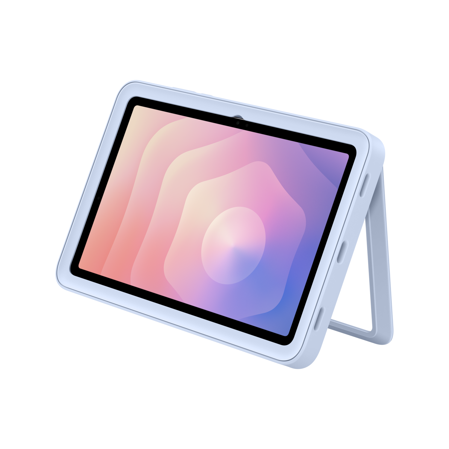 Une tablette dans un étui bleu clair, sur fond noir. L'écran affiche un dégradé de rose, orange et bleu.
