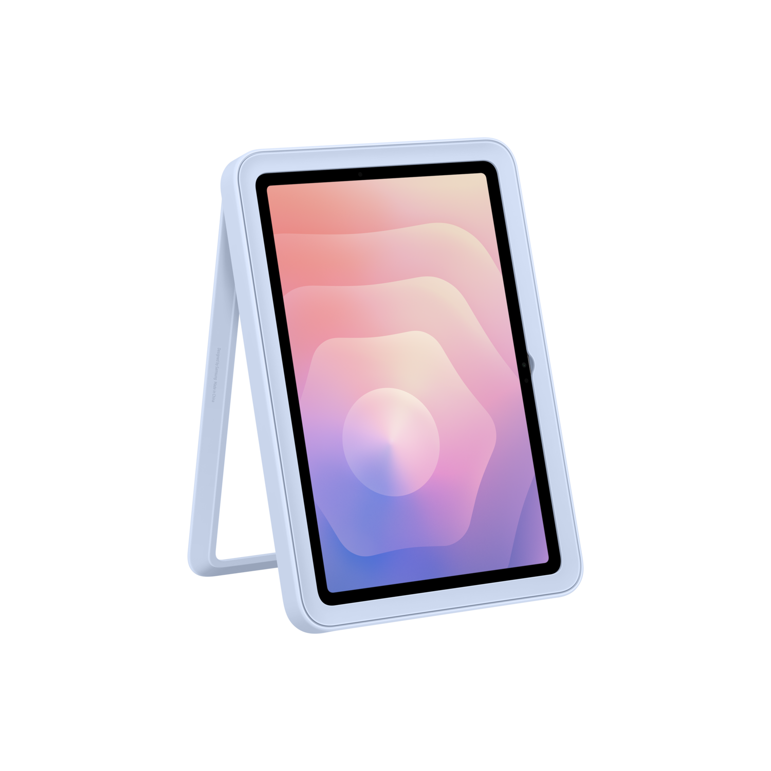 Une tablette dans un étui bleu clair, inclinée sur un support. L'écran affiche un dégradé de couleurs rose, pêche et bleu.