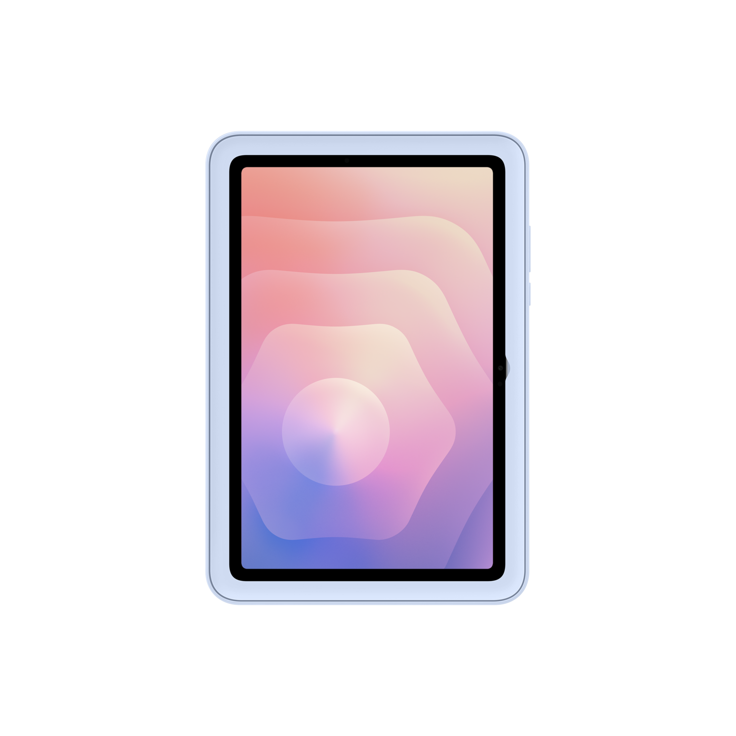 Une tablette avec un écran en dégradé. L'écran affiche un dégradé de rose, orange et violet. La tablette est sur un fond noir.