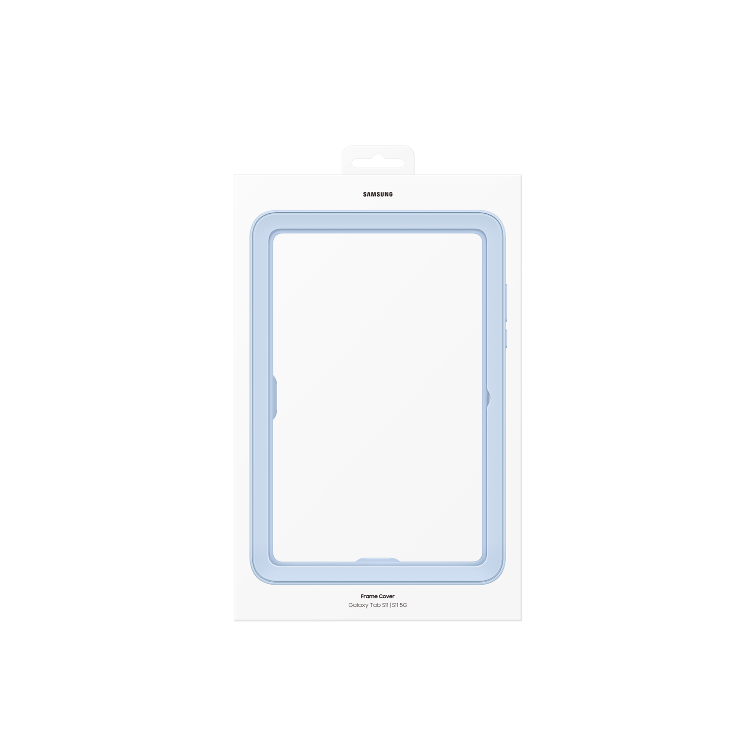 Un étui de cadre Samsung Galaxy Tab S11 5G dans une boîte blanche. L'étui est bleu clair avec le logo Samsung en haut.