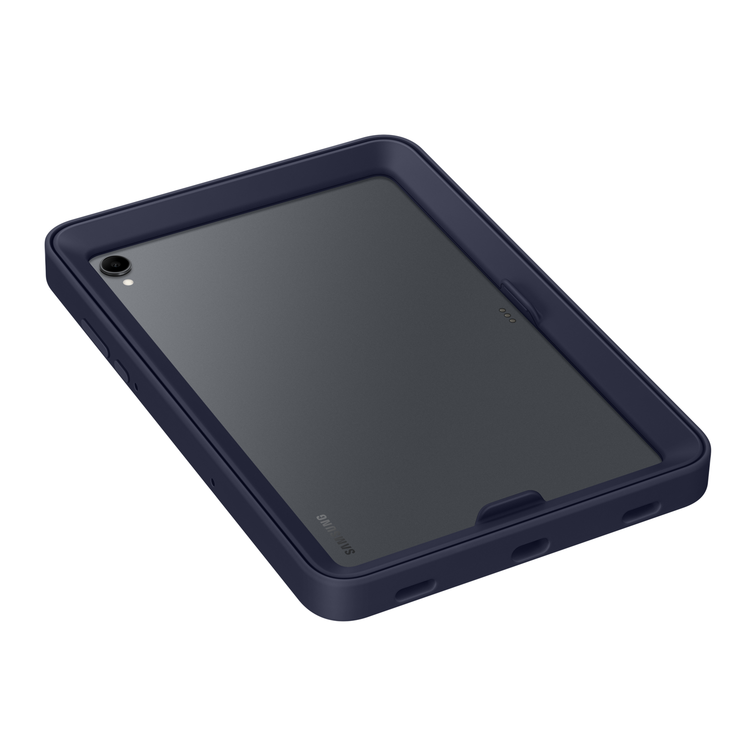 A dark blue tablet in a dark blue protective case on a black background. The tablet screen is dark gray.