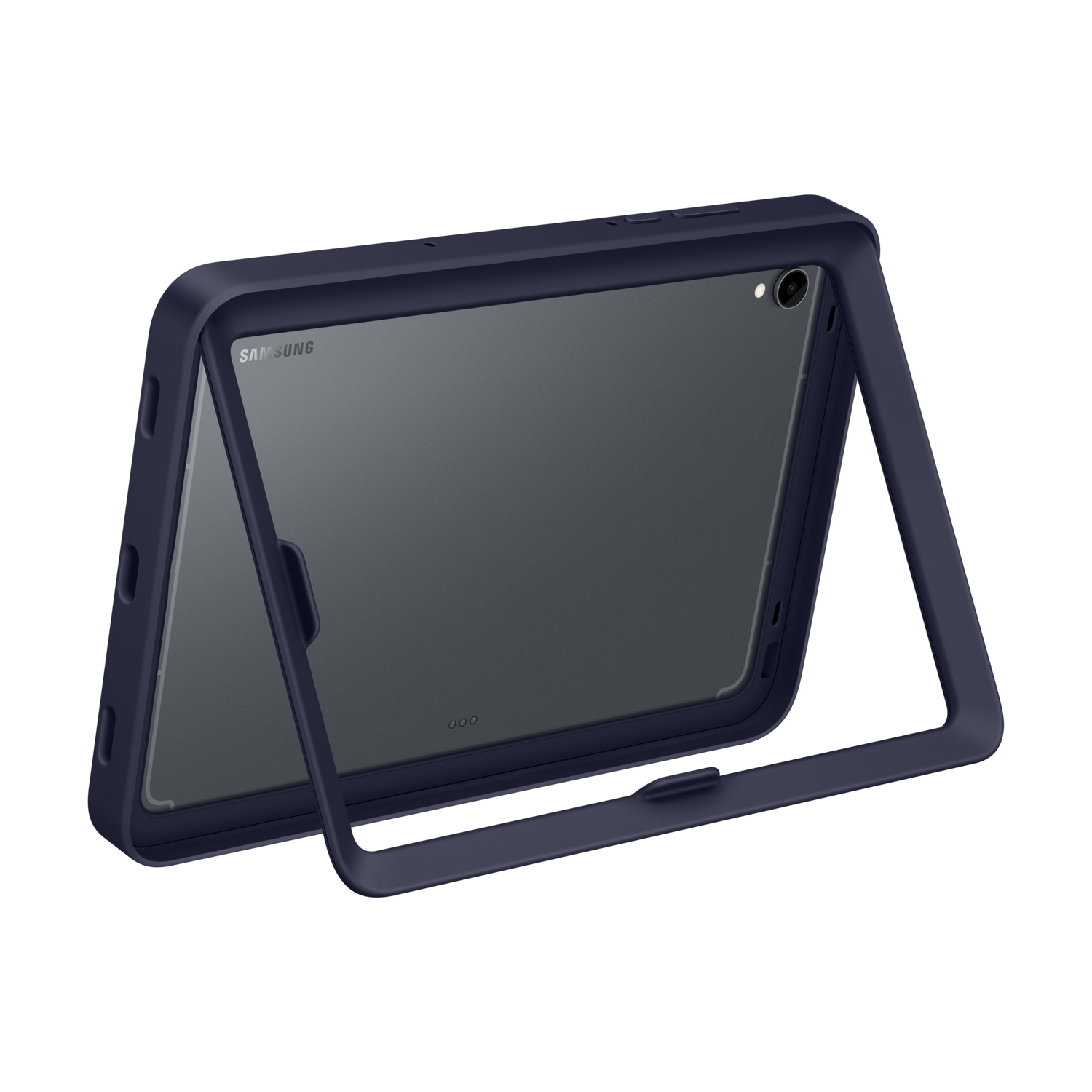 A navy blue Samsung tablet in a protective case. The case is open, showing the screen. The Samsung logo is visible.