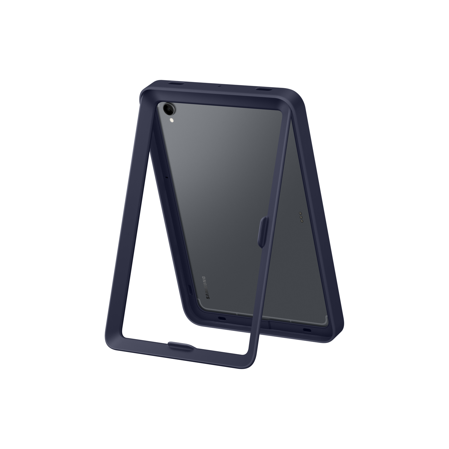 A navy blue tablet in a dark blue case is displayed on a black background. The tablet is slightly open, showing the screen.