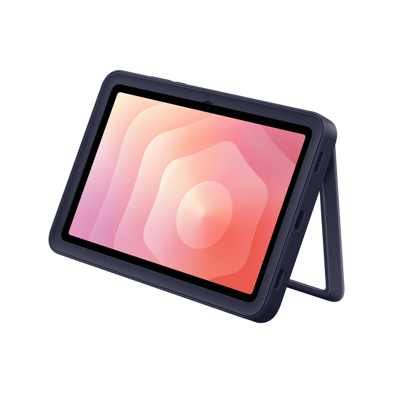 Tablet in a dark blue case, propped up. The screen displays an abstract design in pink and orange. Black background.