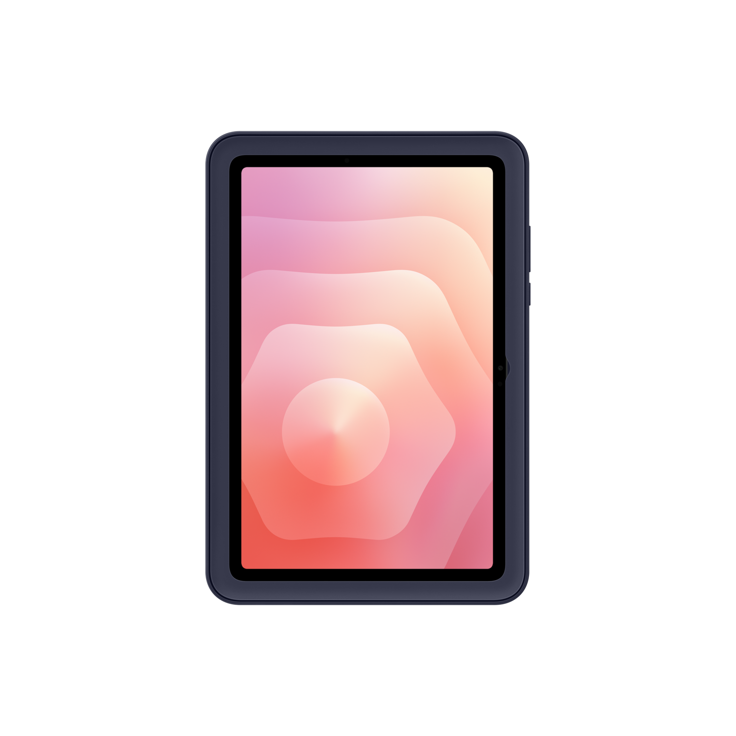 A digital tablet with a pink and orange gradient display. The tablet is surrounded by a dark blue frame, set against a black background.