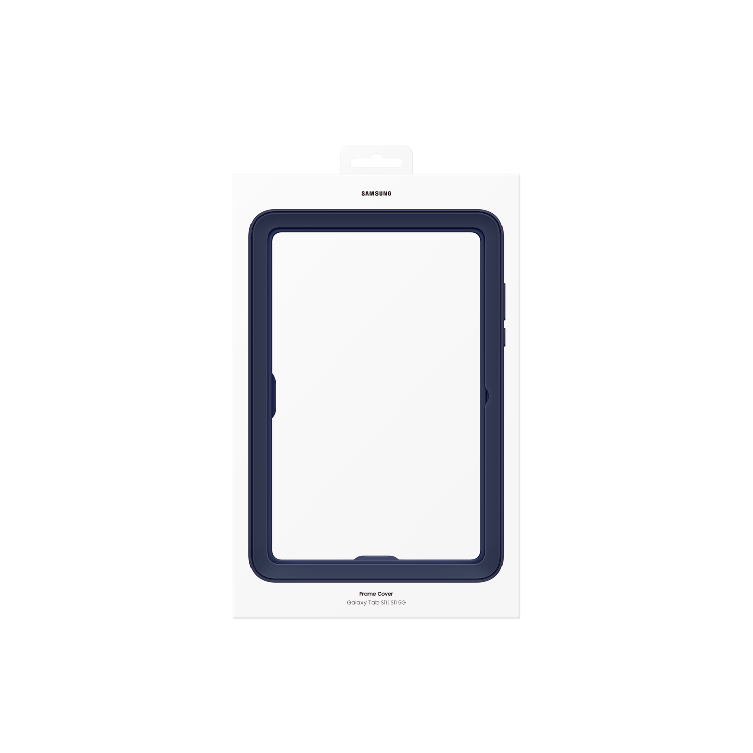 A Samsung Frame Cover box for Galaxy Tab S6, with a dark blue frame. The box is white, and the background is black.