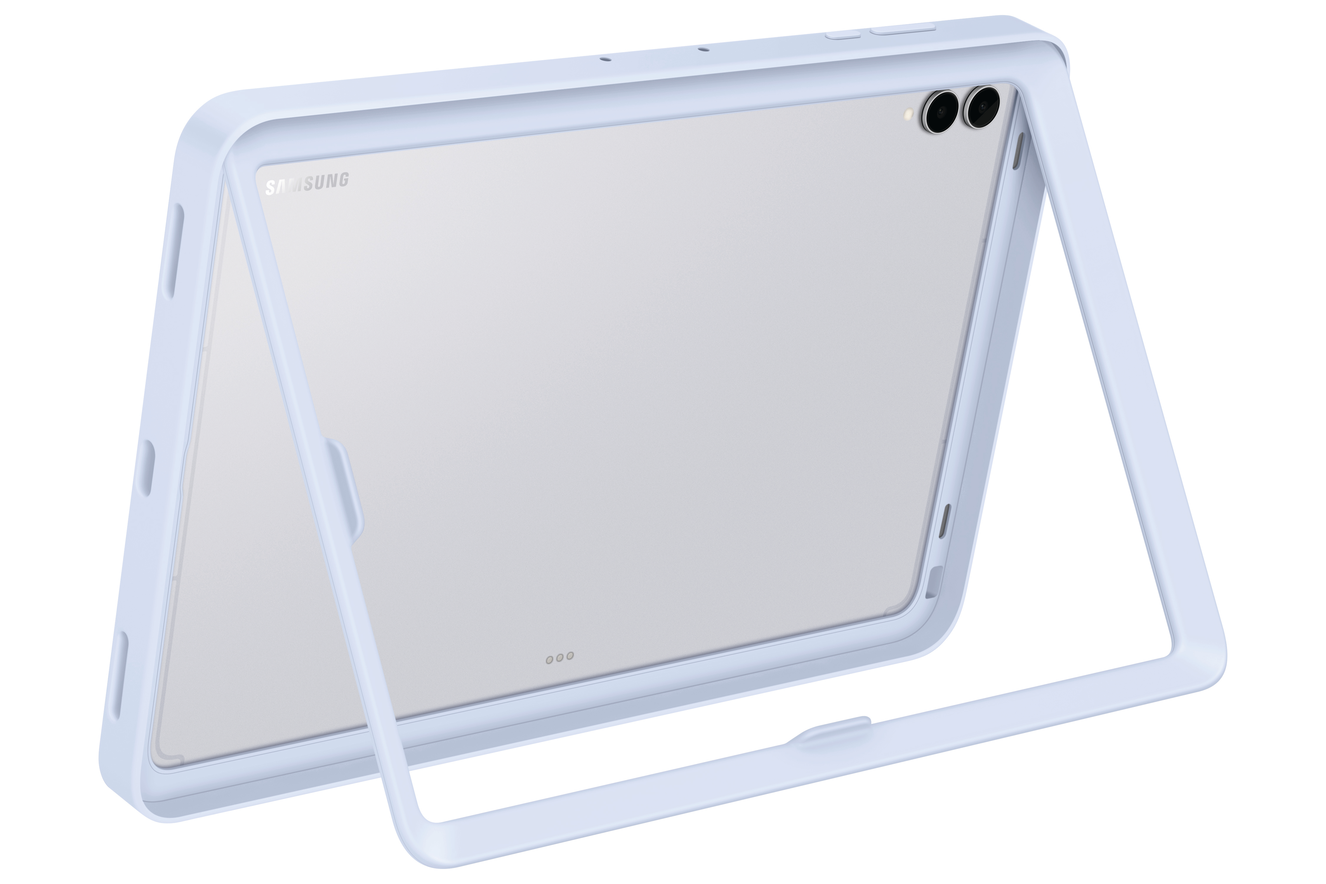 Ein hellblaues Tablethülle umgibt ein Tablet und zeigt das Samsung-Logo. Die Hülle hat ein offenes Design.