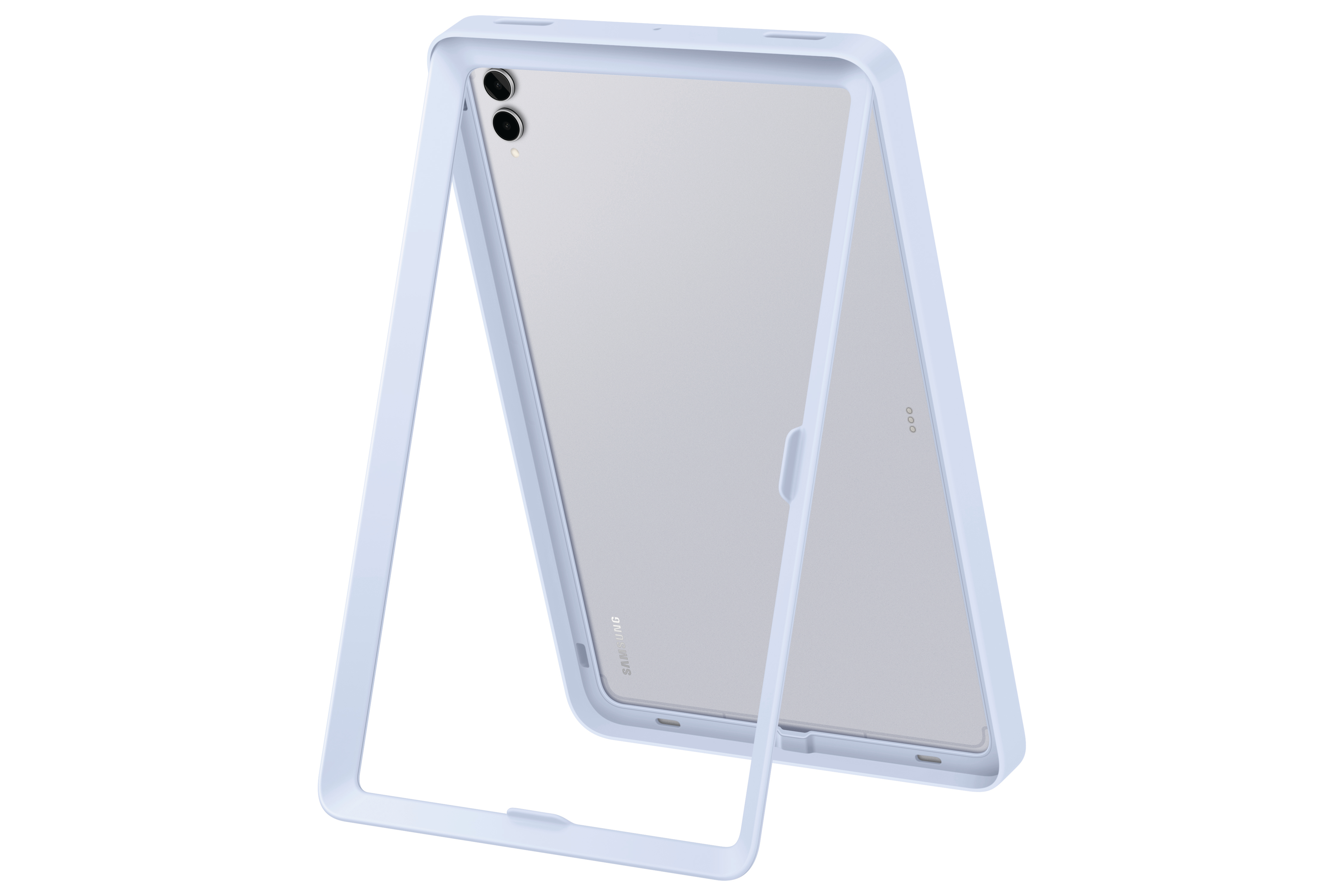 Ein Tablet in einem hellblauen Gehäuse wird in einem Winkel gezeigt. Das Tablet hat zwei Kameras und das Samsung-Logo.