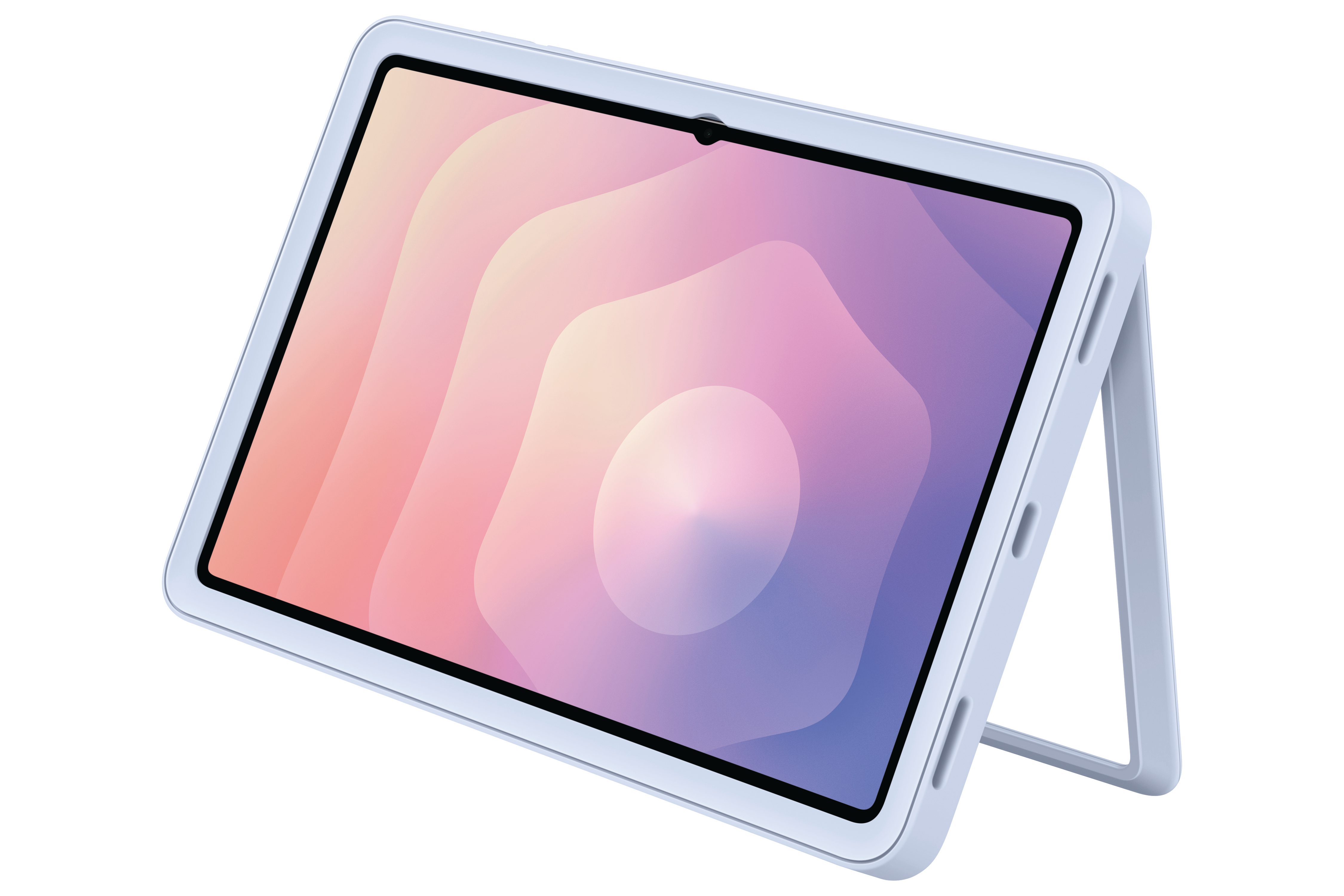 Ein hellblaues Tablet mit Gradient-Bildschirm. Der Bildschirm zeigt ein weiches, farbenfrohes abstraktes Design. Es wird von einem Ständer gehalten.