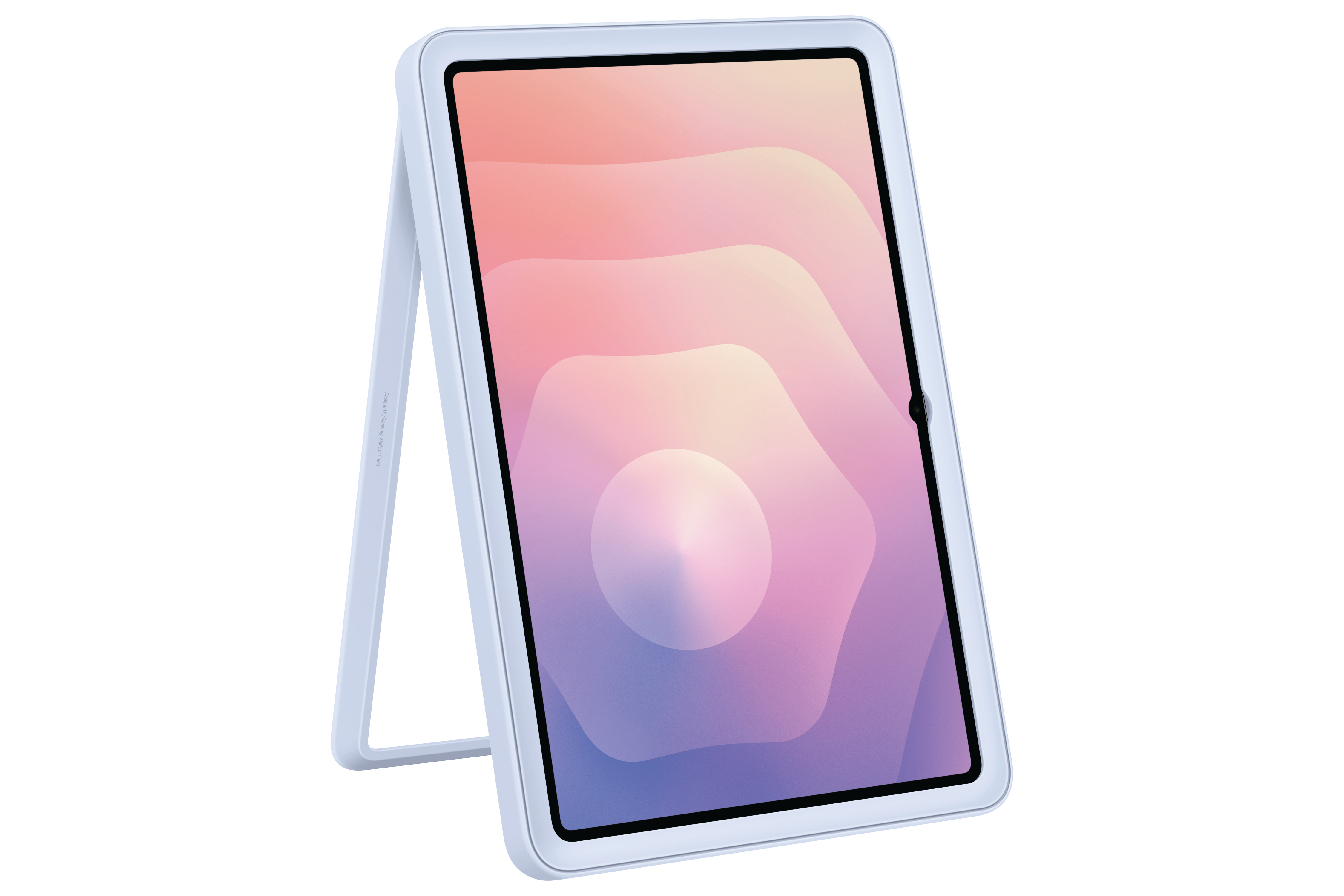 Ein Tablet in einem hellblauen Ständer. Der Bildschirm zeigt einen bunten Farbverlauf aus Pink, Lila und Weiß.