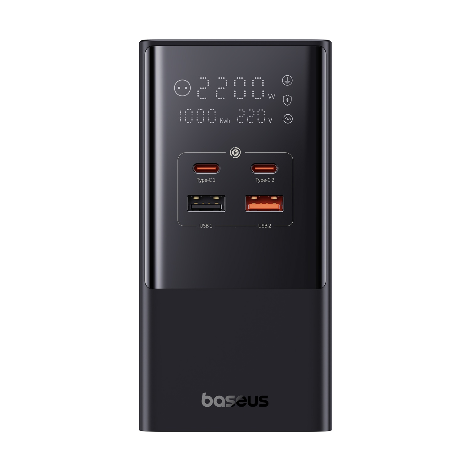 Stazione di alimentazione Baseus nera con display digitale che mostra 2200W, 1000kWh, 220V. Include porte Type-C e USB. Logo Baseus in basso.