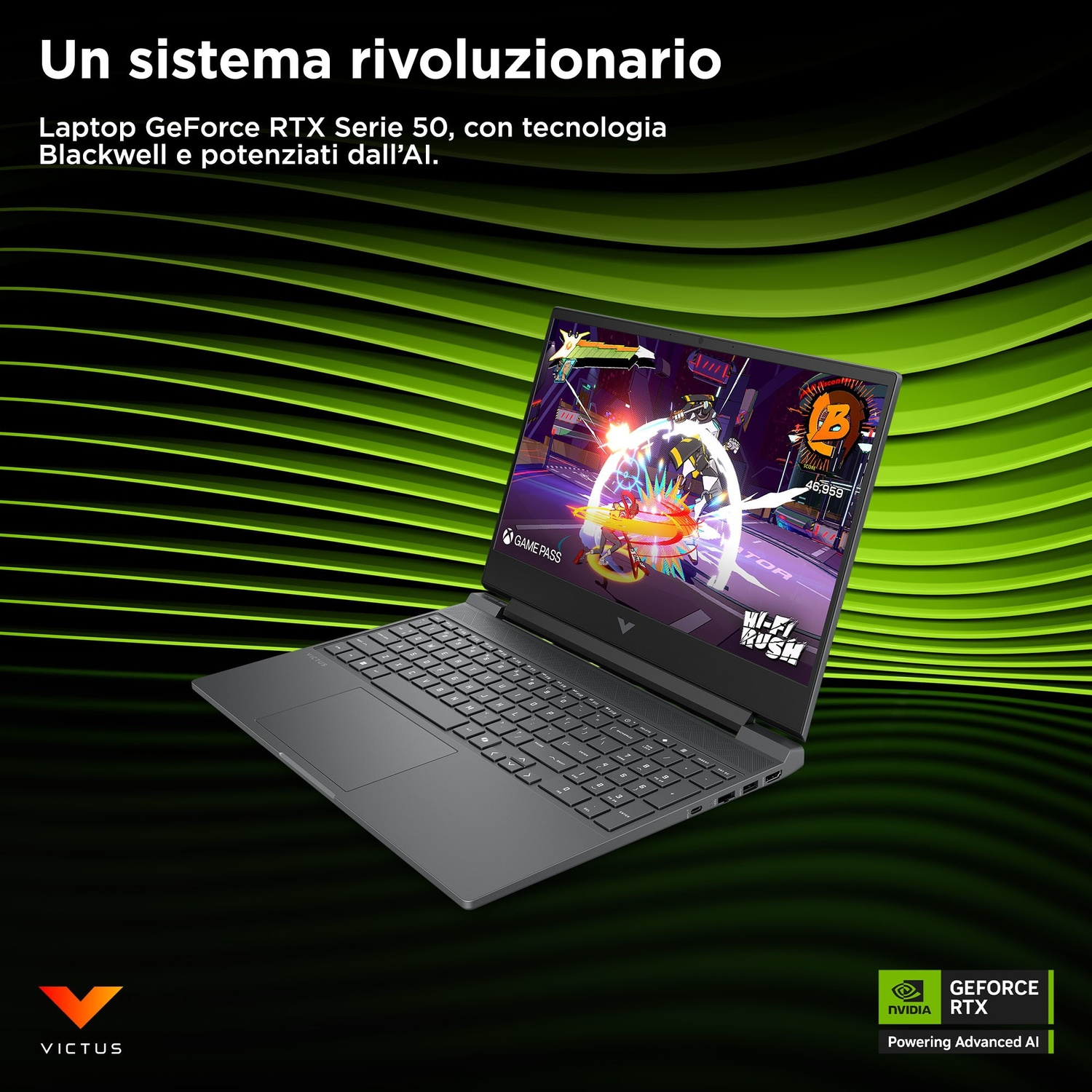 Un laptop mostra un gioco. Il testo in alto recita 'Un sistema rivoluzionario'. Il laptop è un GeForce RTX Serie 50, con tecnologia Blackwell.