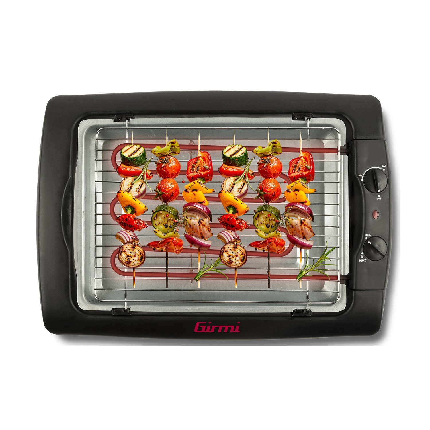 Una griglia elettrica nera con spiedini di verdure grigliate. Include zucchine, peperoni, pomodori e cipolle. Un pannello di controllo è sul lato.