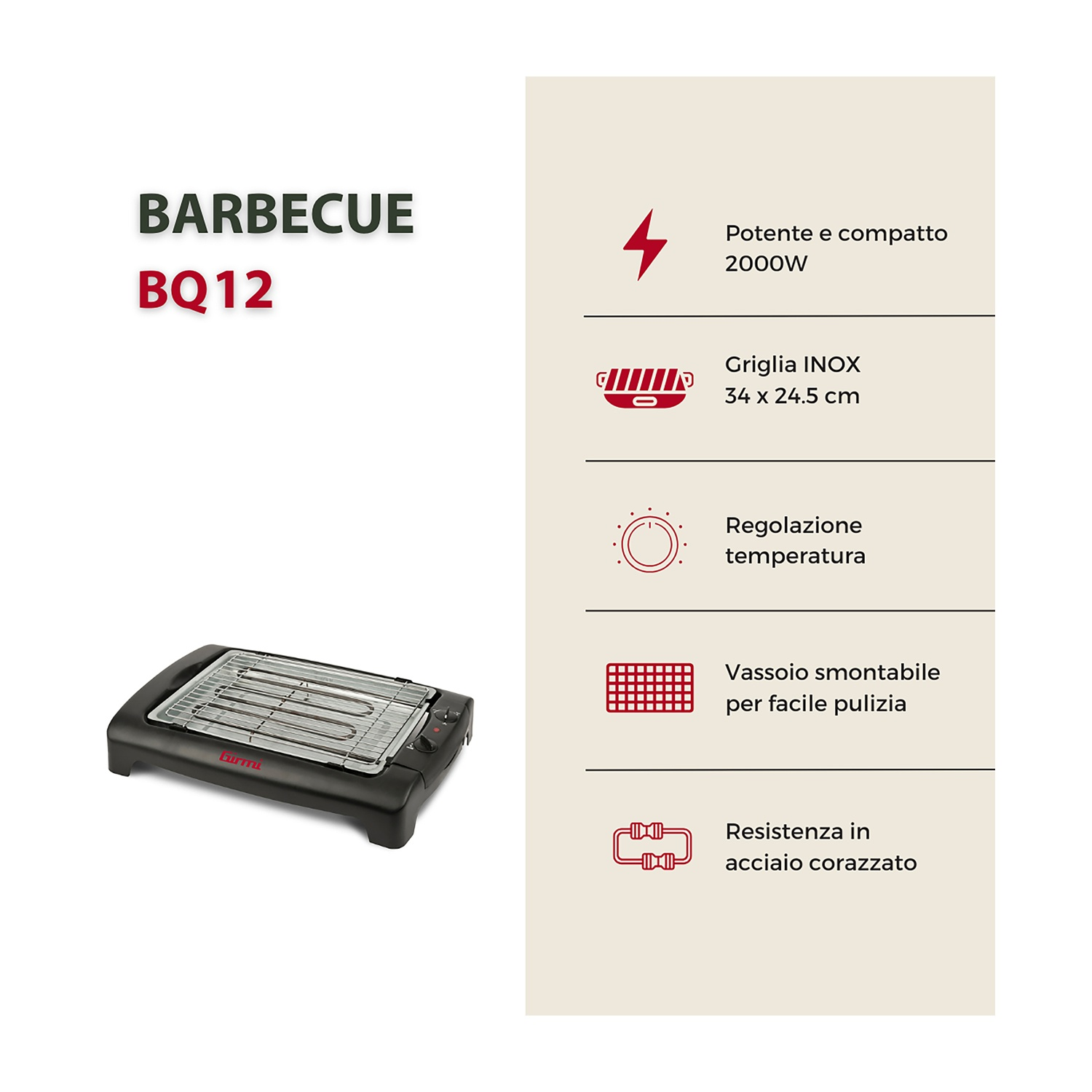 Un barbecue elettrico nero con griglia in acciaio inox su una superficie bianca. Il testo a sinistra dice BARBECUE BQ12.