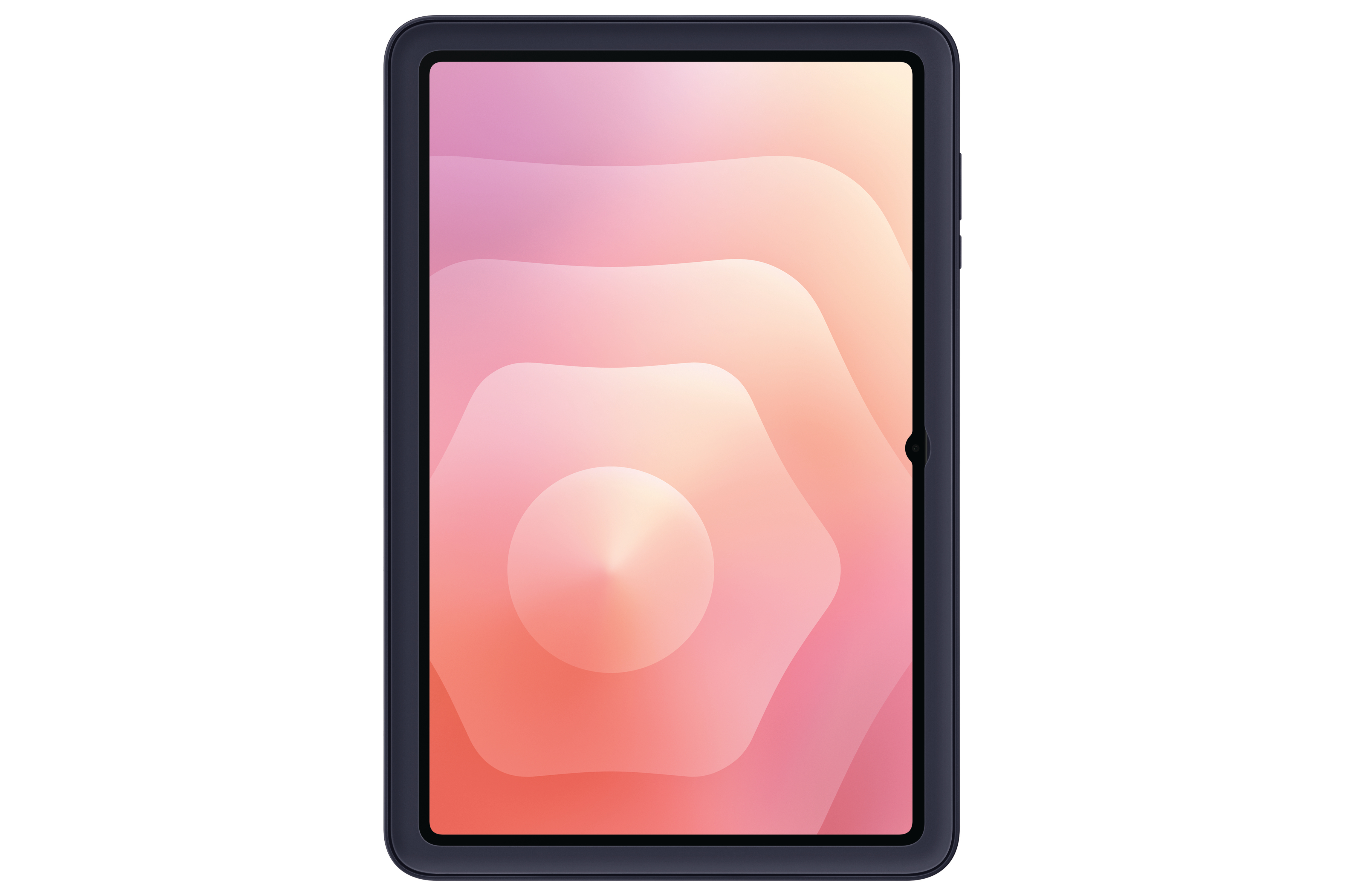 Ein dunkel gerahmtes Tablet zeigt einen Farbverlaufshintergrund aus Rosa- und Orangetönen auf weißem Hintergrund.