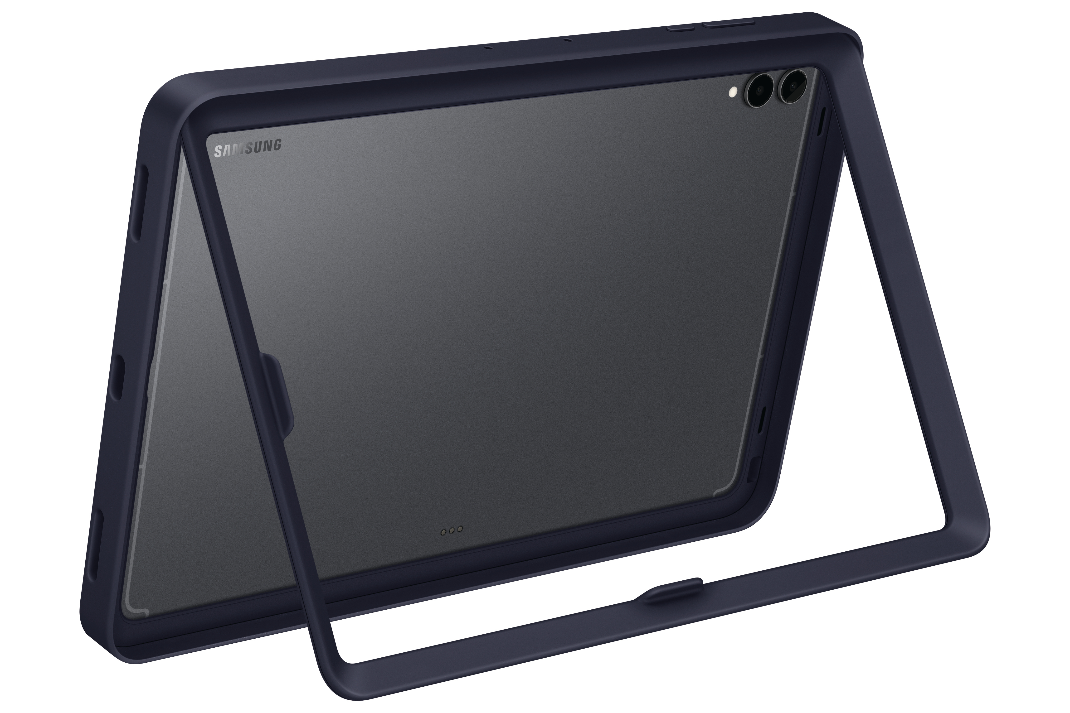 Eine dunkelblaue Tablethülle mit dunklem Bildschirm wird gezeigt, das Samsung-Logo ist sichtbar.