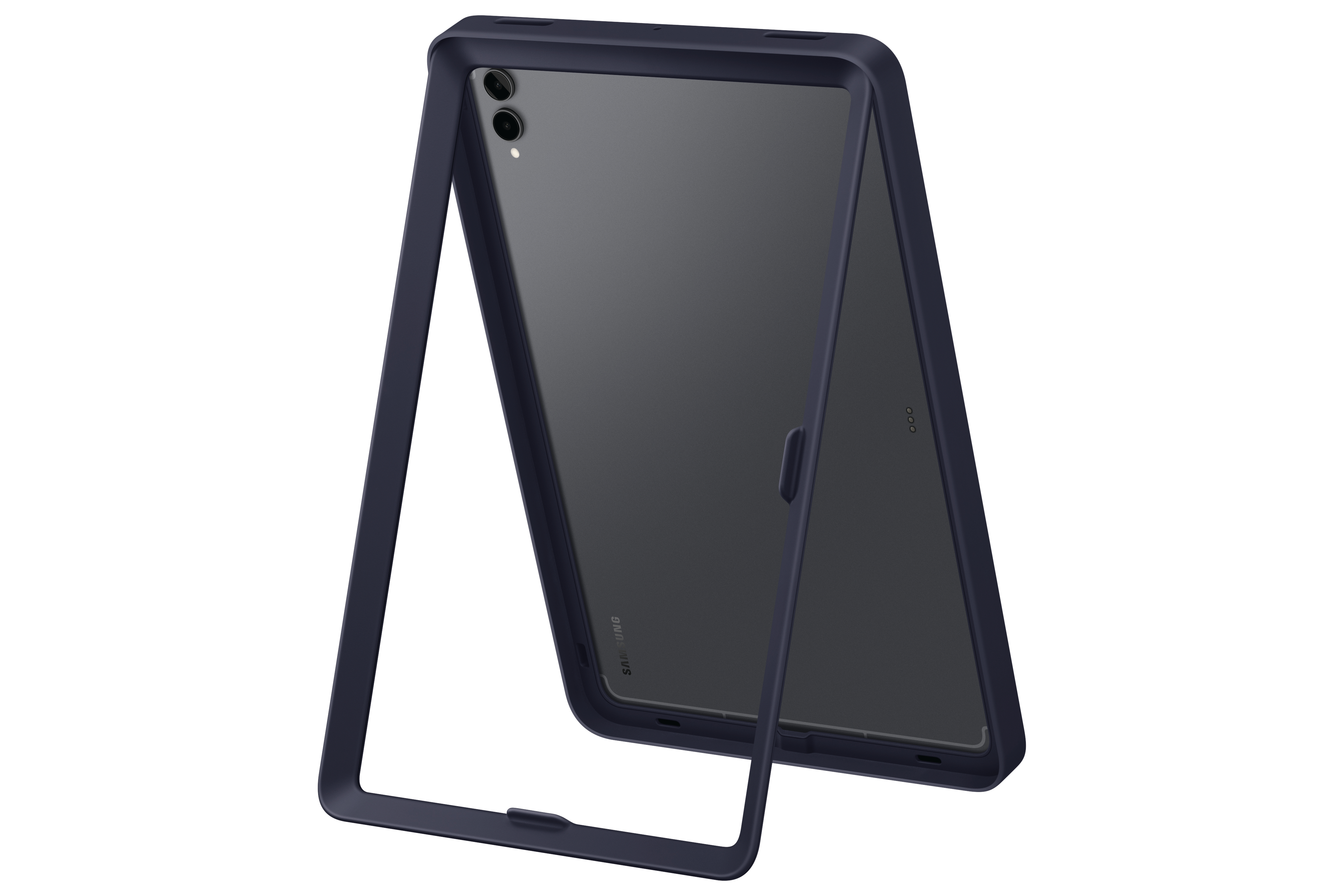 Eine dunkelblaue Tablethülle ist geöffnet, mit einem Tablet darin. Die Hülle ist angewinkelt und zeigt den Bildschirm.
