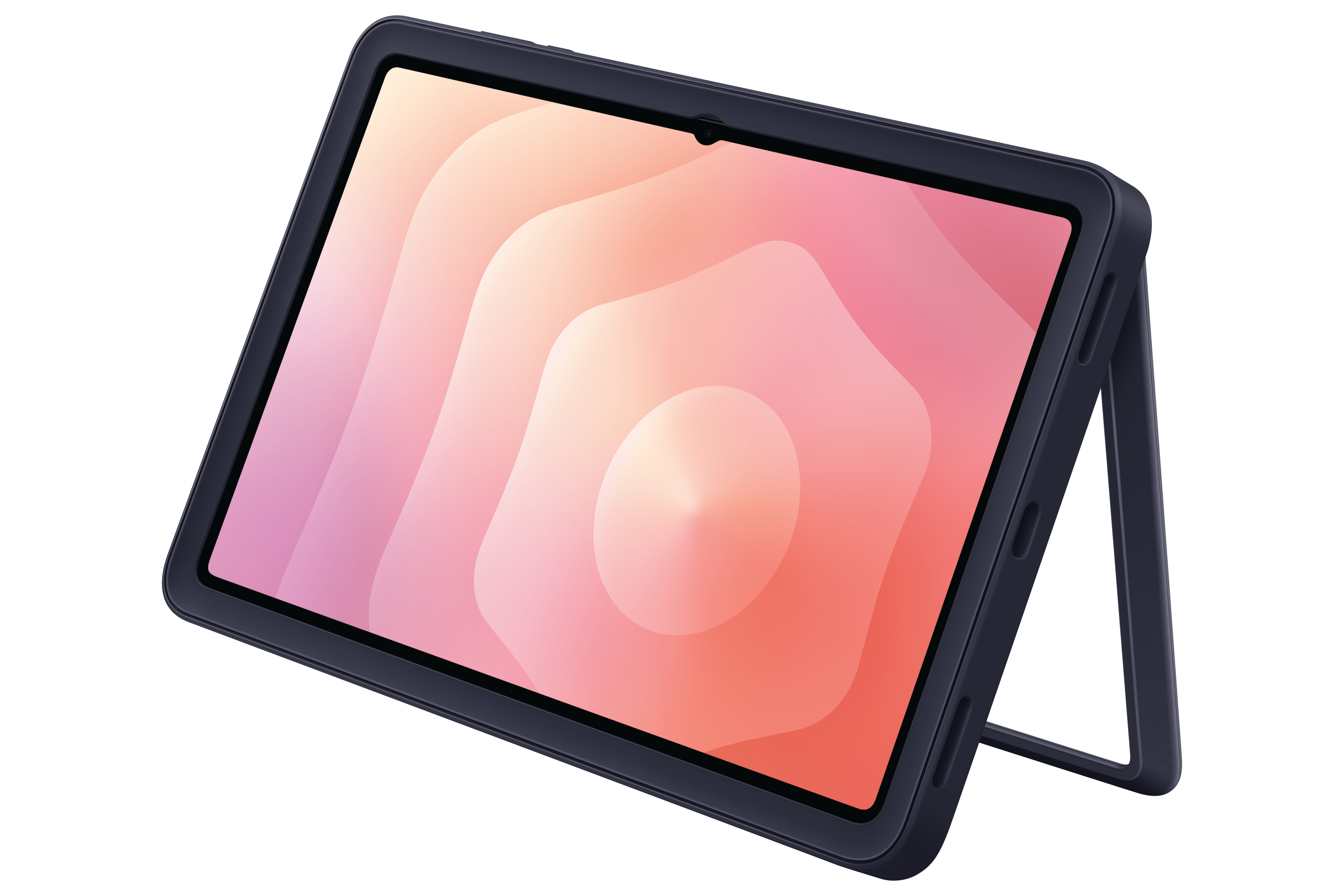 Tablet in dunkelblauem Gehäuse mit abstraktem Design in Rosa und Orange, mit Ständer, vor weißem Hintergrund.