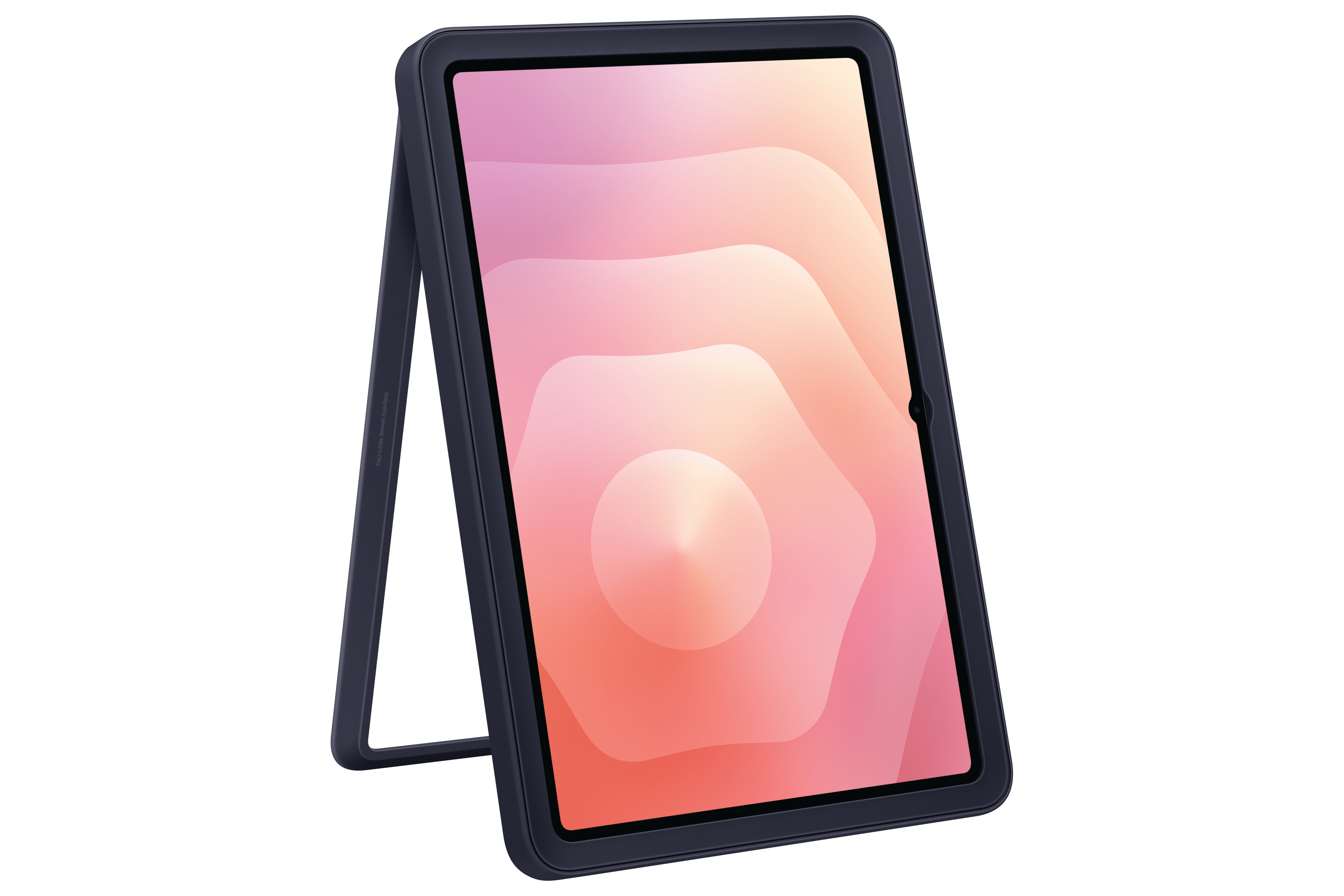 Tablet in einem Ständer, dunkelblauer Rahmen, rosa-orangener Bildschirm. Der Ständer ist auch dunkelblau.