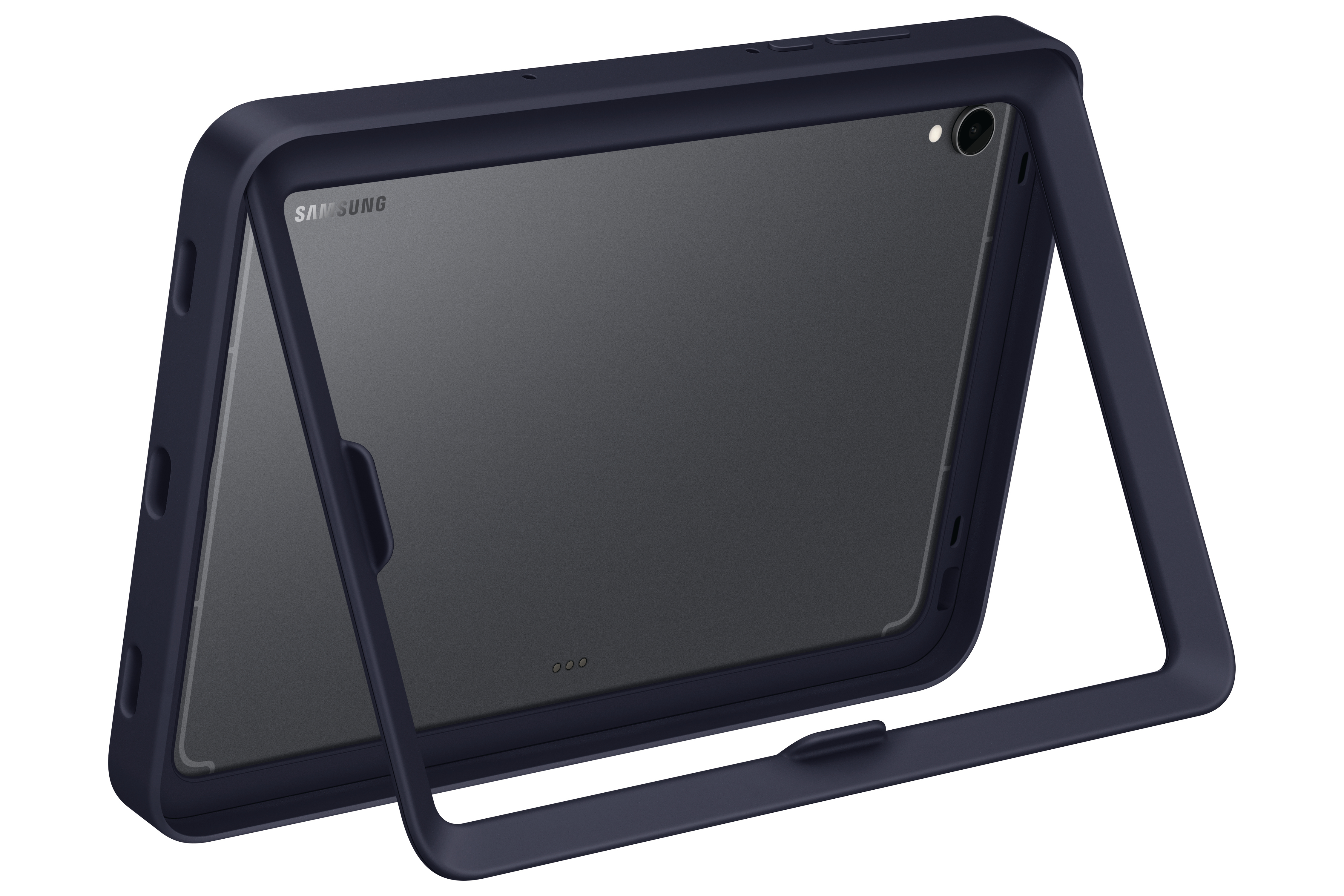 Eine marineblaue Tablethülle schützt ein Tablet. Das Samsung-Logo ist sichtbar. Die Hülle hat einen integrierten Ständer.
