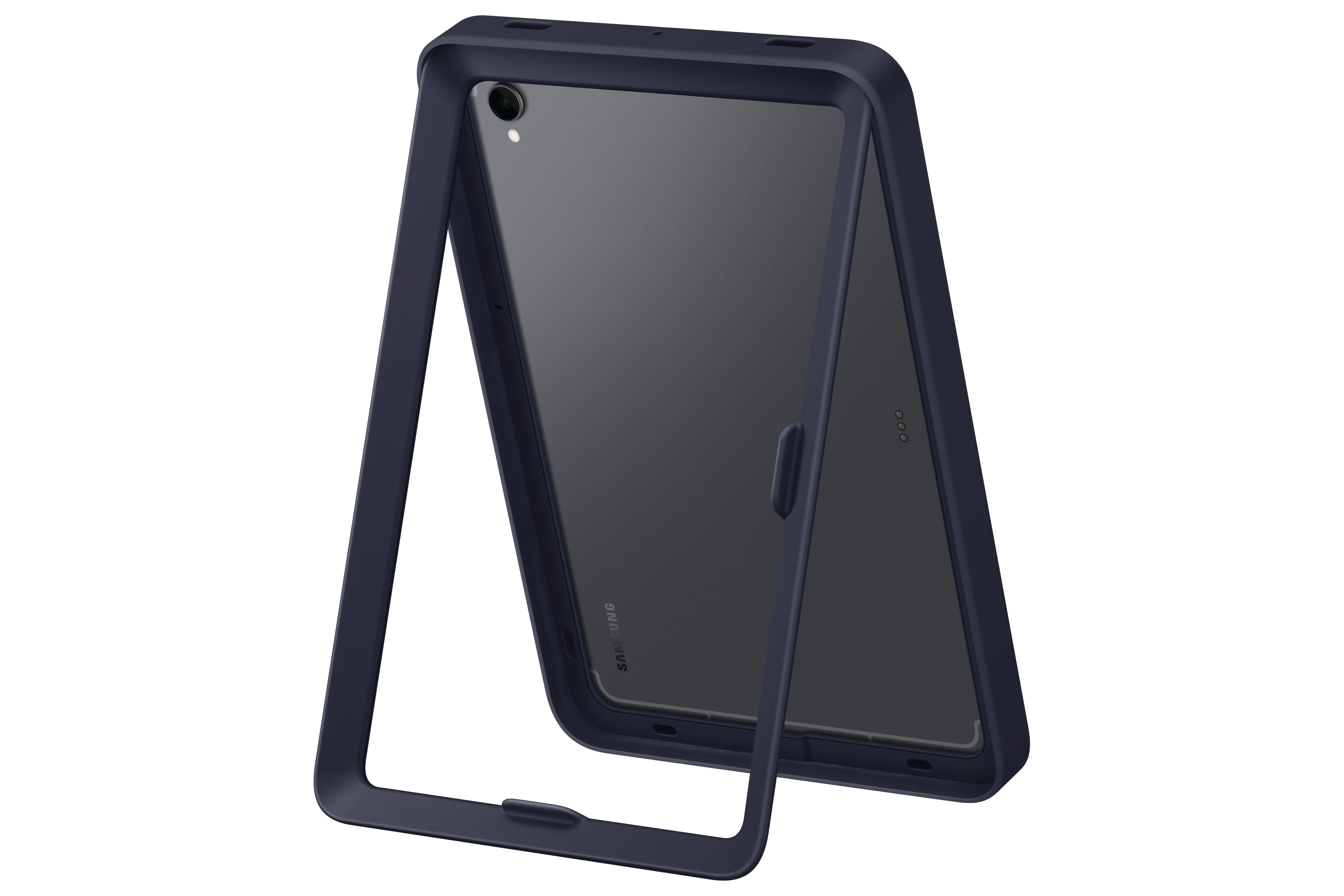 Ein Tablet in einer dunkelblauen Hülle wird angezeigt. Die Hülle hat ein Rahmendesign, wobei das Tablet darin sichtbar ist.