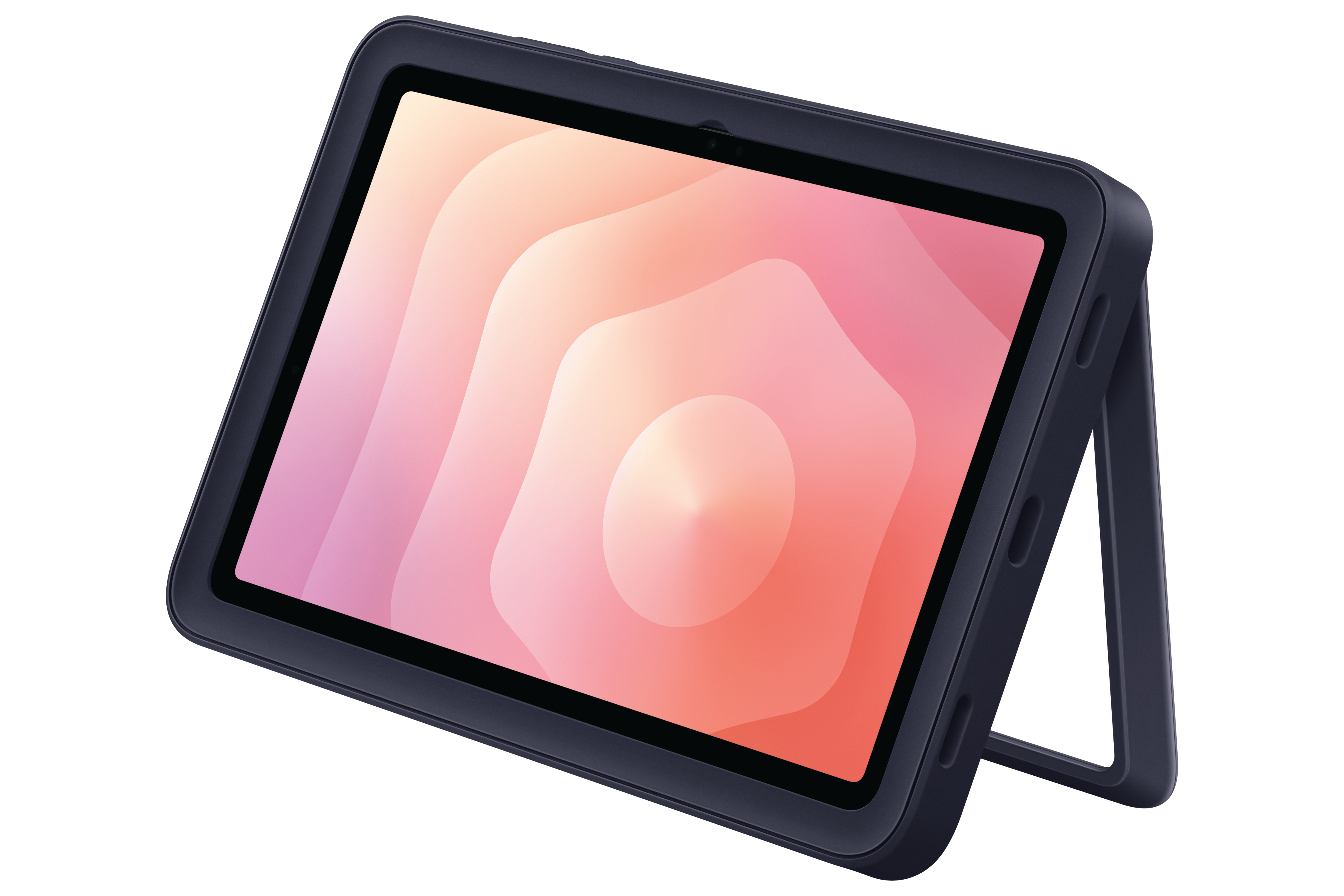 Dunkelblaues Tablet mit farbenfrohem Bildschirm steht aufrecht. Der Bildschirm zeigt ein Muster überlappender, heller Farben.