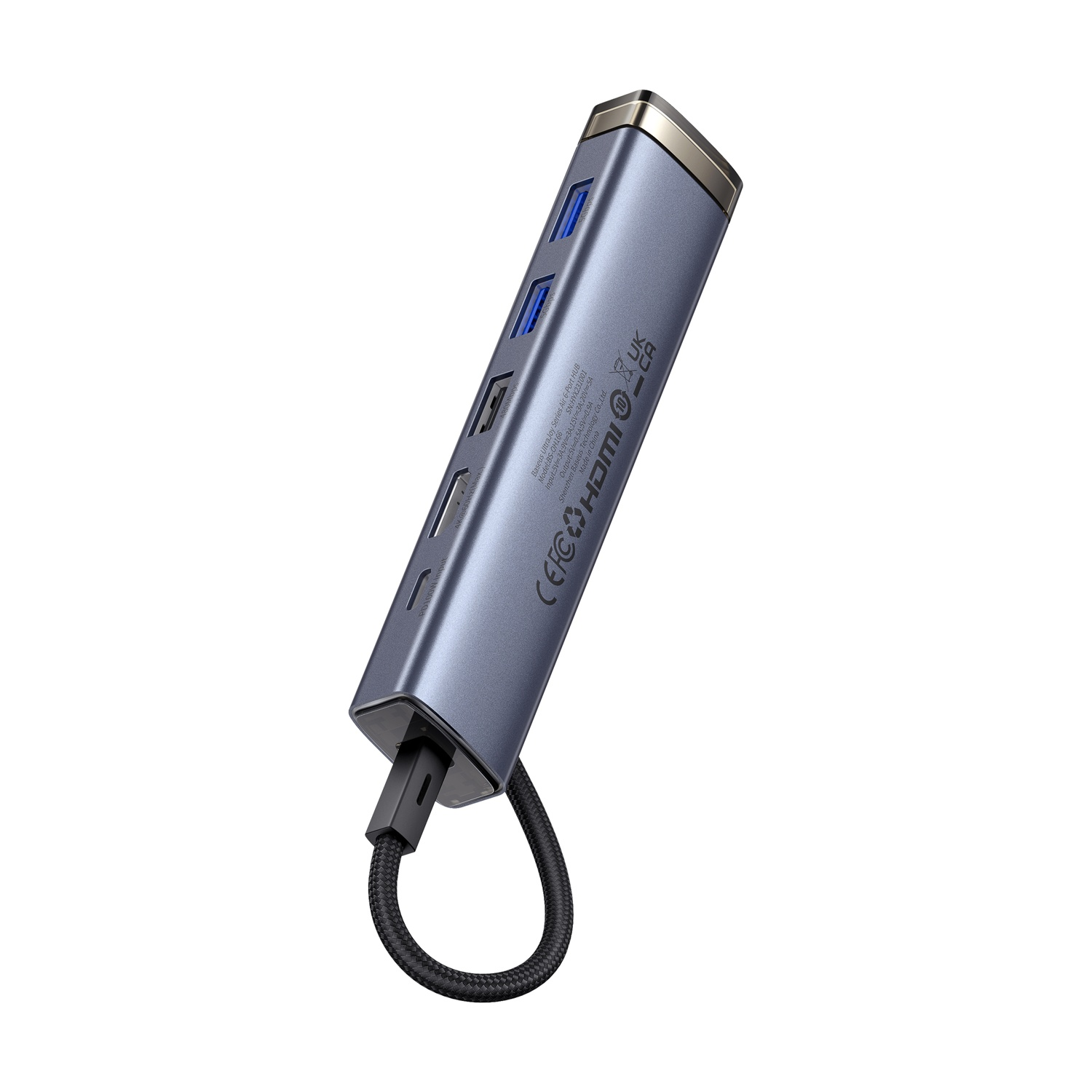 Un hub USB grigio con più porte, un cavo nero e una parte superiore color oro. L'hub è su sfondo bianco.