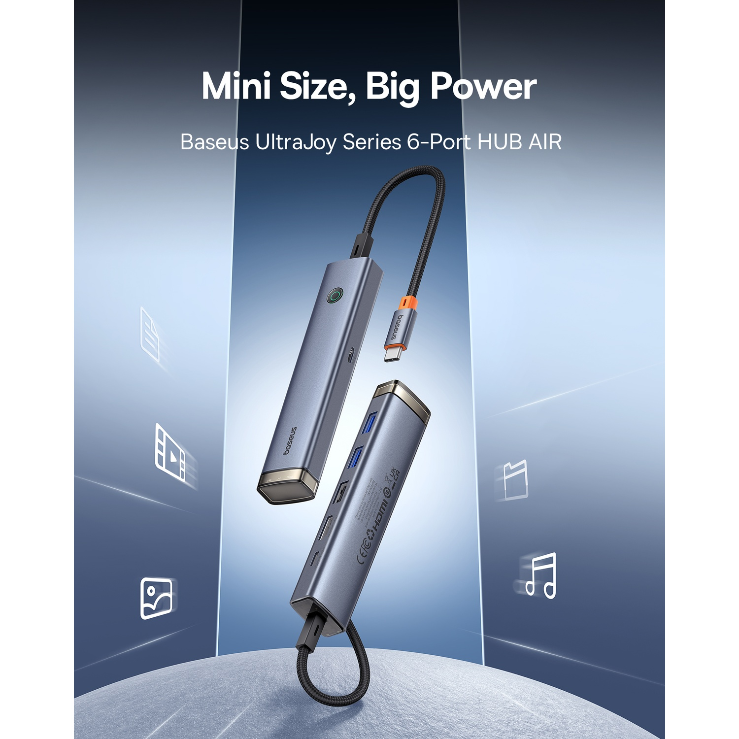Due dispositivi HUB AIR Baseus UltraJoy a 6 porte grigi con cavi. Il testo recita "Mini Size, Big Power". Sono presenti icone di media, file e musica.