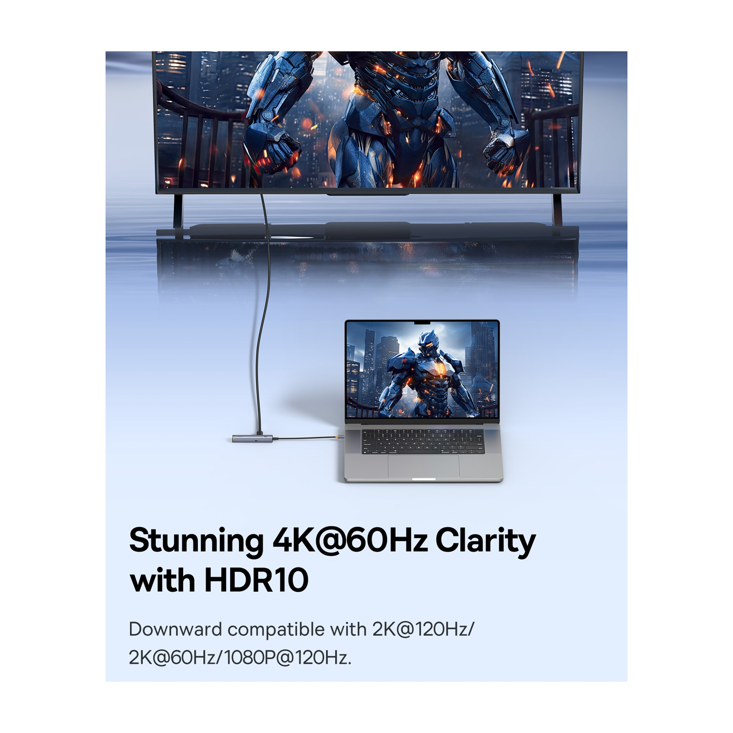 Un laptop collegato a una TV tramite cavo. Entrambi gli schermi mostrano un'immagine di guerriero futuristico. Testo che promuove la chiarezza 4K.