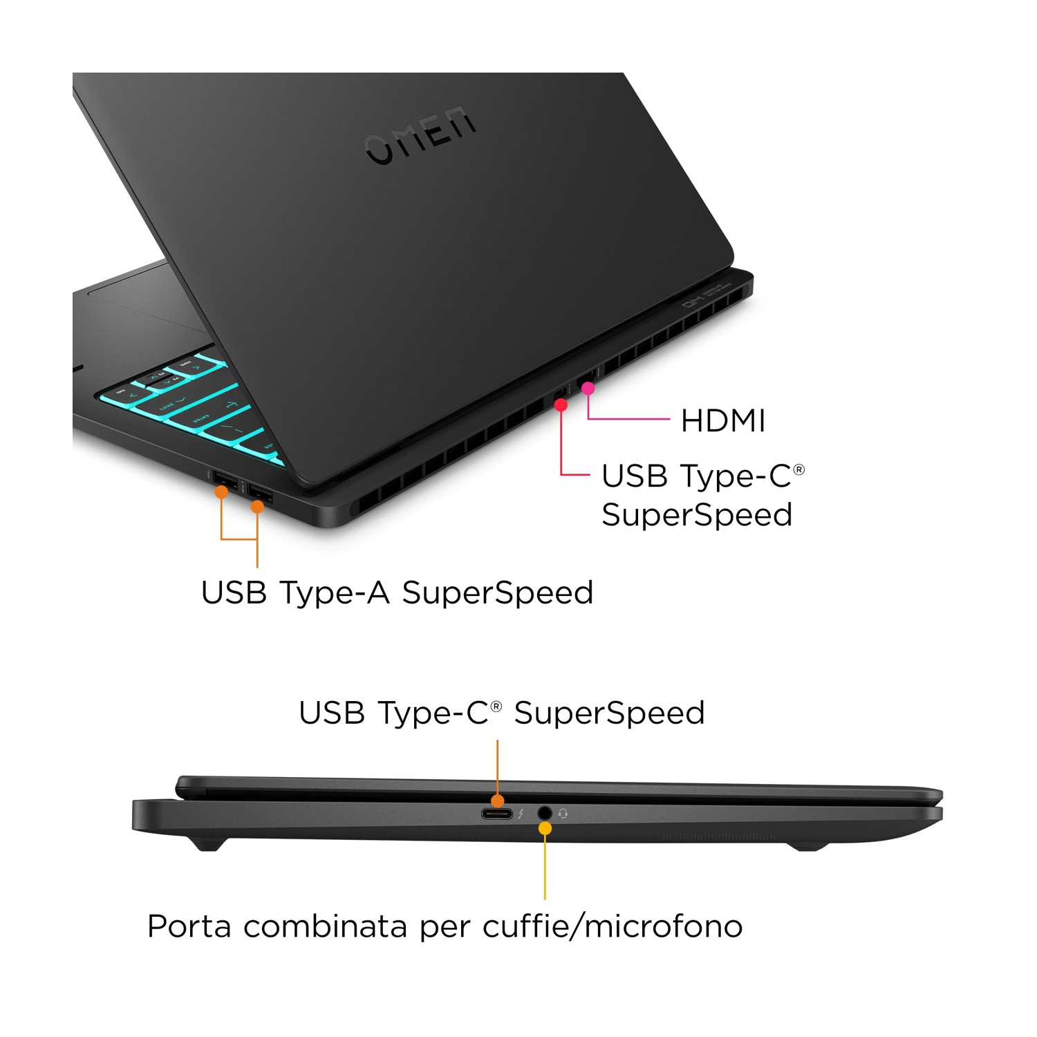Laptop Omen nero che mostra le porte: HDMI, USB Type-C, USB Type-A e cuffie/microfono. Tastiera con tasti illuminati visibile.
