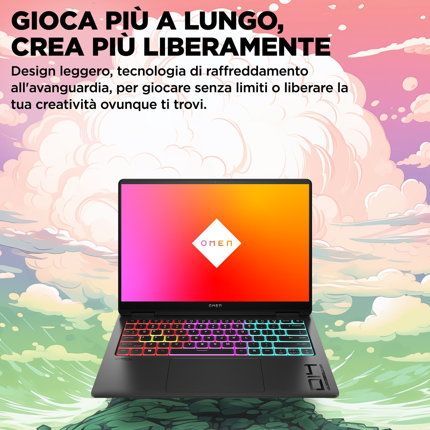 Un laptop con schermo colorato è su una collina verde. Lo schermo mostra il logo OMEN. Tasti colorati evidenziano la tastiera.