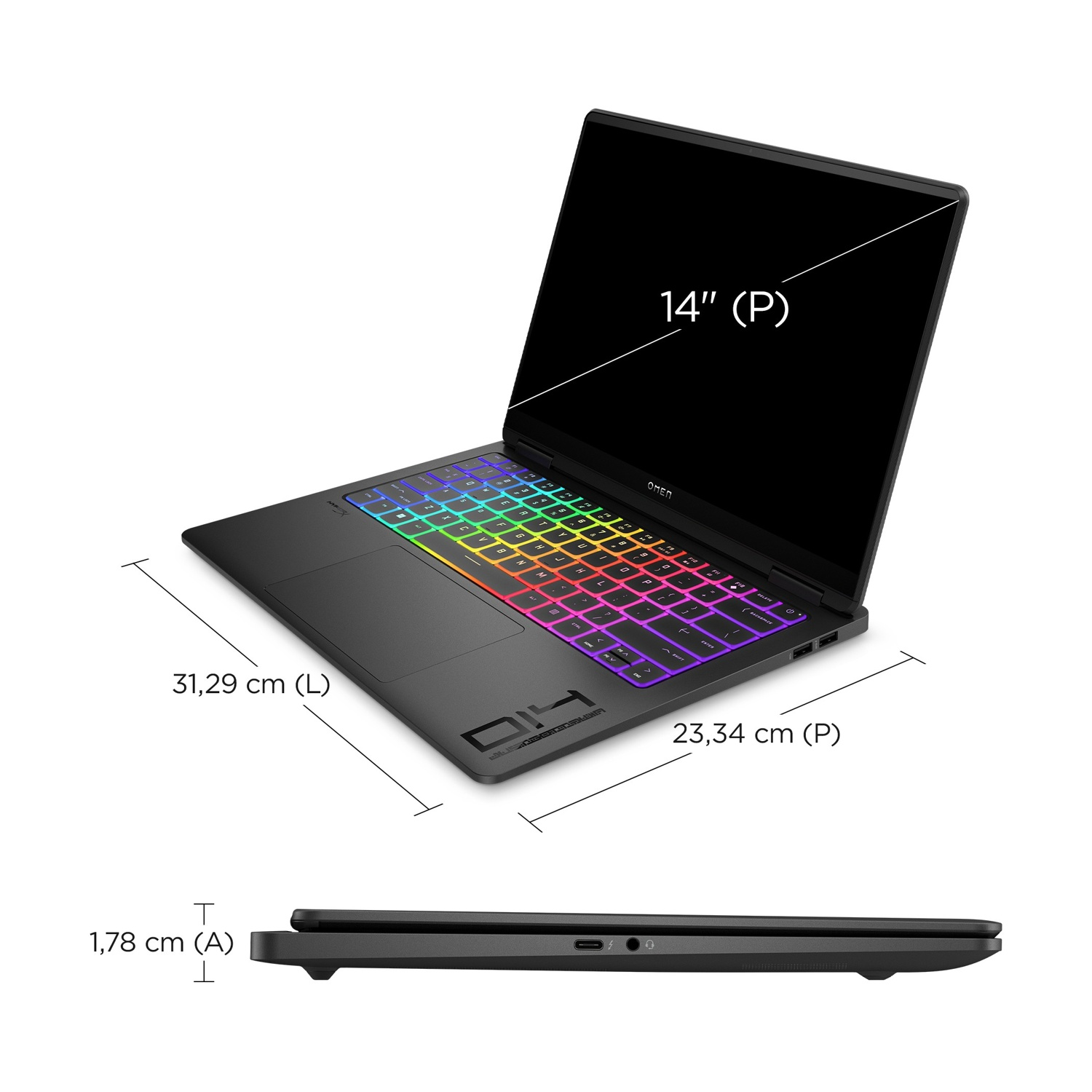 Un laptop OMEN nero è aperto, che mostra la tastiera con tasti colorati. Le dimensioni sono visualizzate: 14", 31,29 cm (L), 23,34 cm (P), 1,78 cm (A).