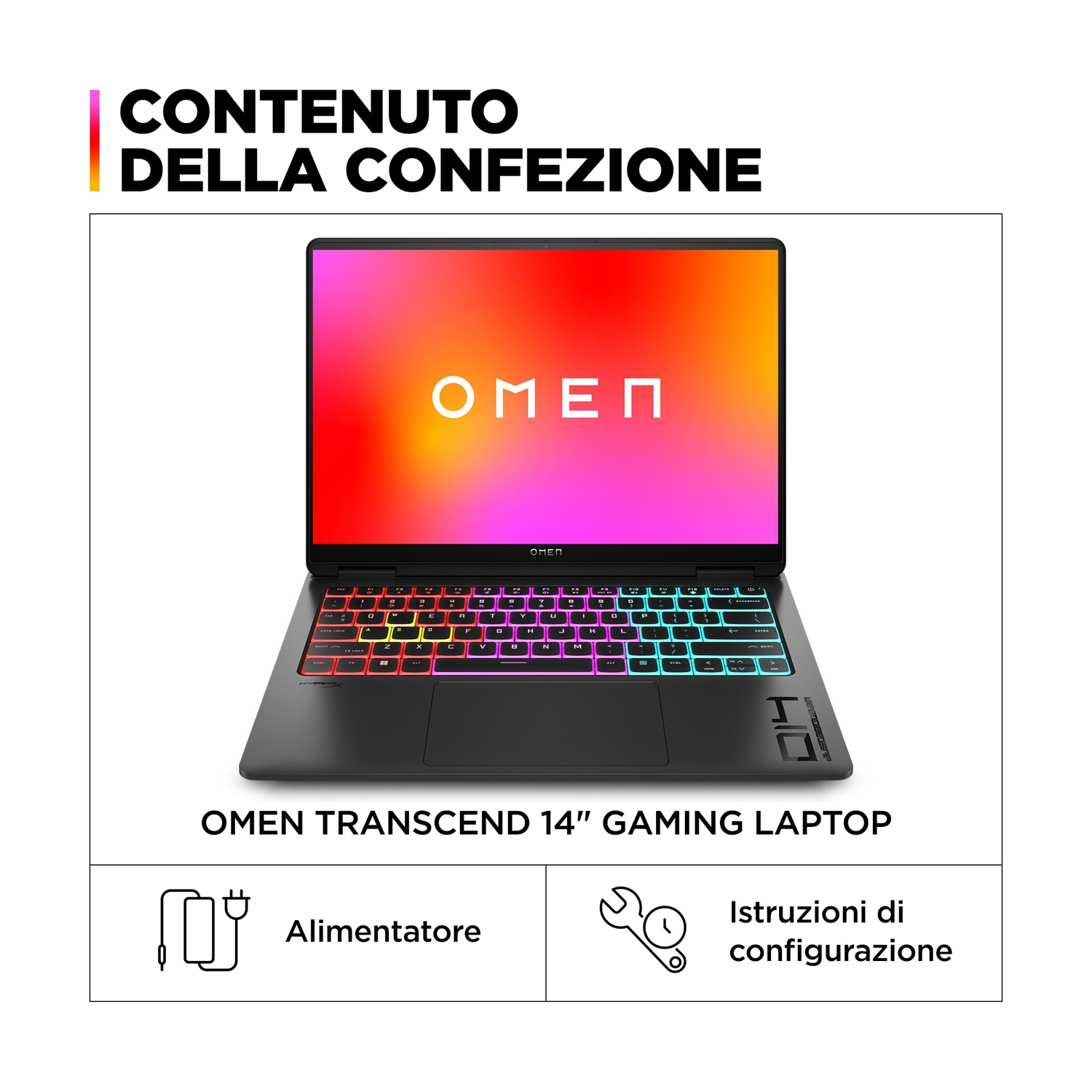 Un laptop da gaming Omen Transcend 14" è in mostra, con la tastiera illuminata da luci colorate. Lo schermo mostra il logo OMEN.