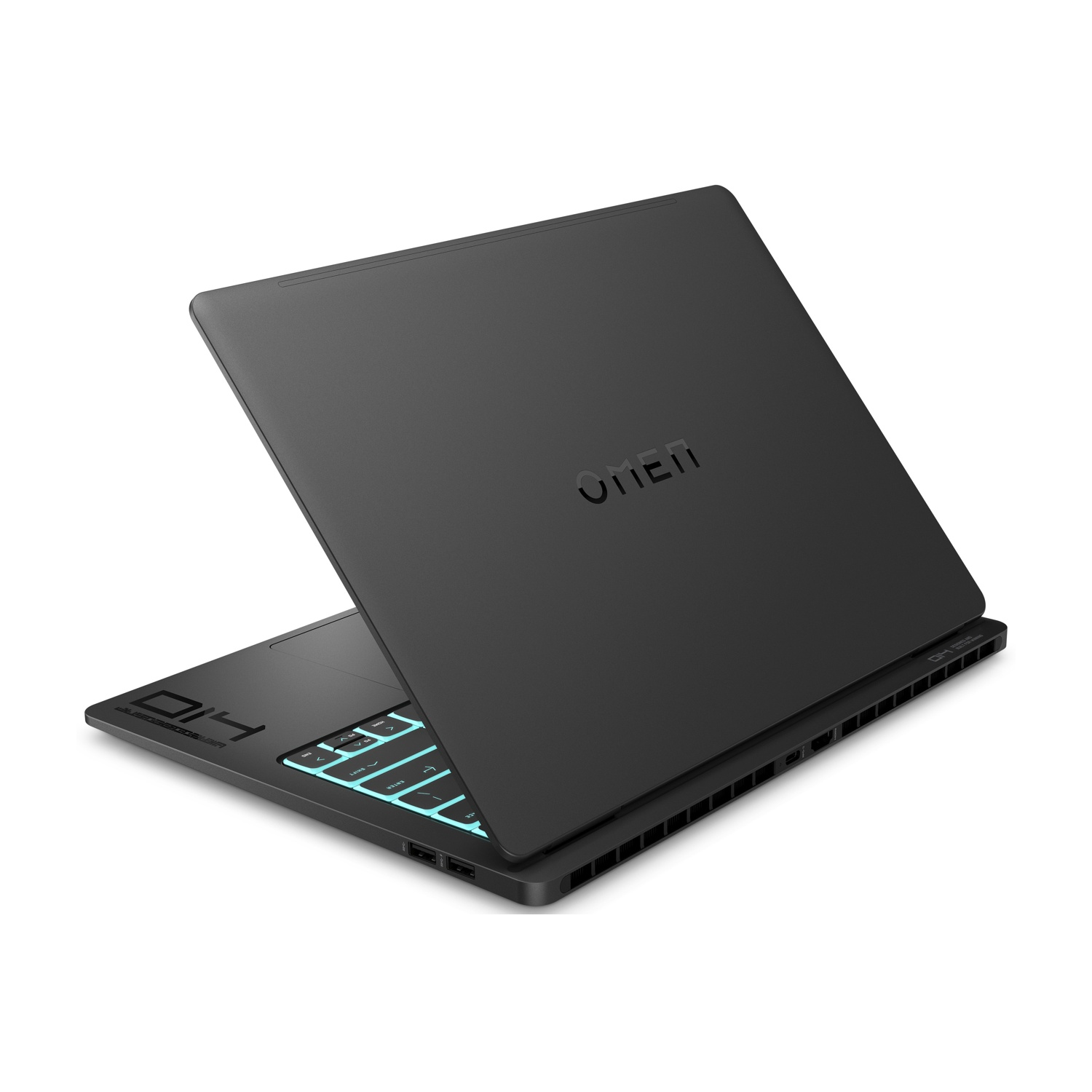 Un laptop OMEN nero è leggermente aperto su sfondo bianco. La tastiera si illumina di verde acqua. Il logo OMEN è visibile.