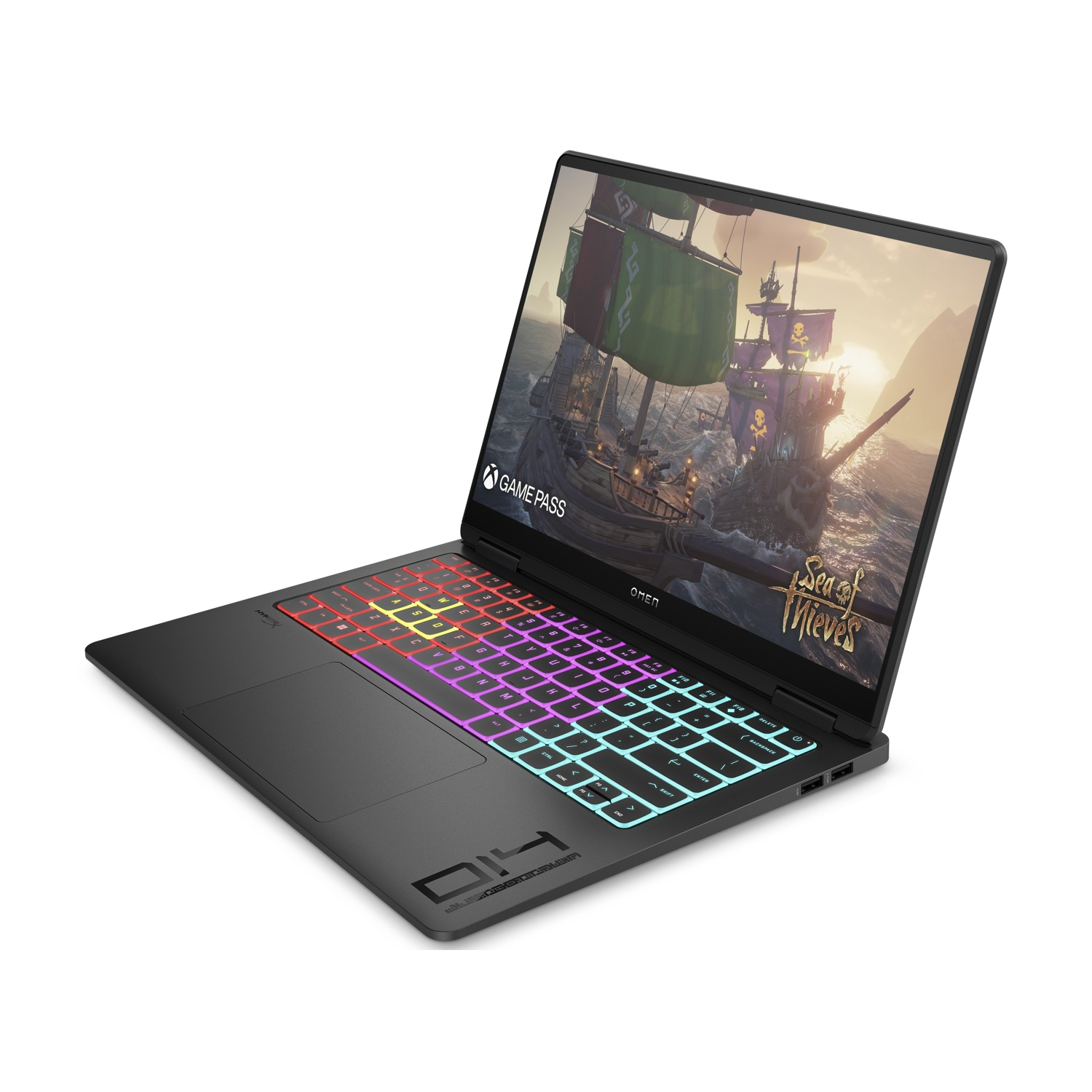 Il laptop Omen nero mostra il gioco Sea of Thieves. La tastiera ha un'illuminazione colorata. Il logo Game Pass è visibile.