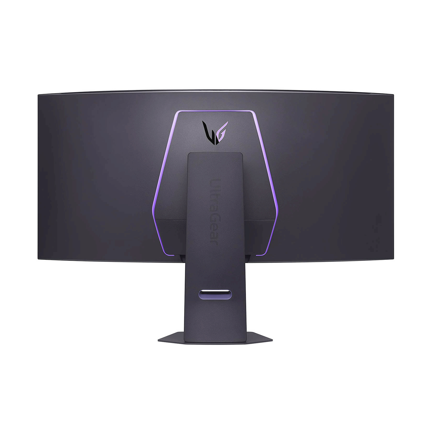 Un monitor UltraGear nero curvo è mostrato da dietro. Ha accenti di luce viola e un supporto. Il logo UltraGear è visibile.